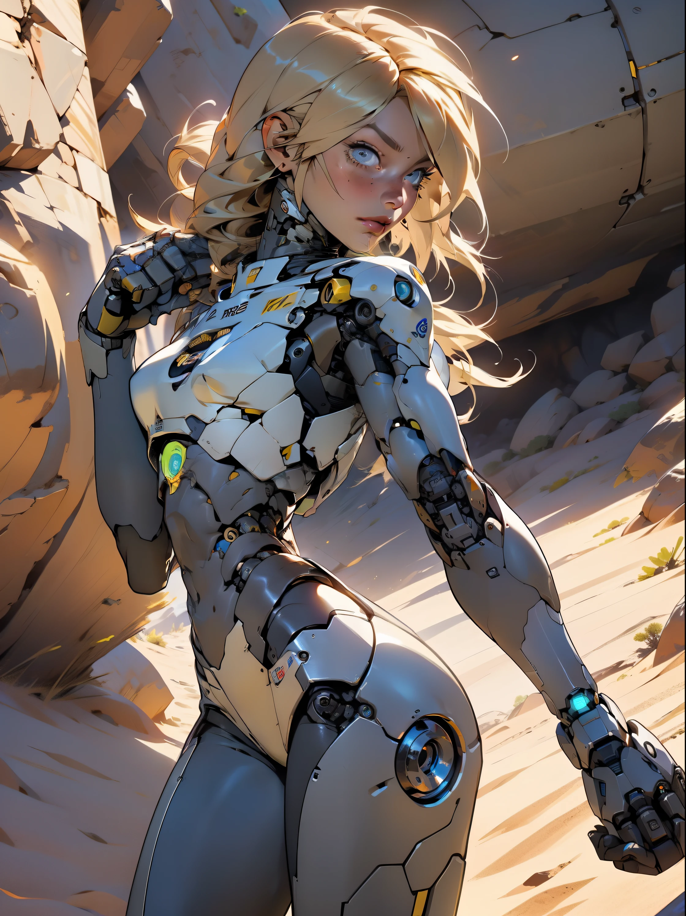 high quality, 4k, masterpiece, beautiful, cyborg girl, cowboy shot, dull eyes, back side, turning around to look at viewer, long blonde hair, girl, small breasts, fit thigh, robotic arms, robotic body, cyborg body, yellow accent, redaccent, intricate detail, joint, detailed lines, robotic detail, holding fist up, holding hand up as fist, color robotic parts, robotic parts with color, perfect fingers, on a desert planet, sunny background, colorful desert,