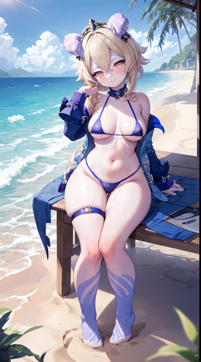 Melousine | genshin impact, master-piece, bestquality, 1girls,25 years old , proportional body, proportional, Show your , Water set, This micro bikini,Micro Mini Bikini, Lying on the beach with a seductive challenge, flattering. ,bara, Beautiful sea, The sky is beautiful, View viewers from the front, Thigh strap, Head tilt, bored, 10, 10, HD, slight smile,