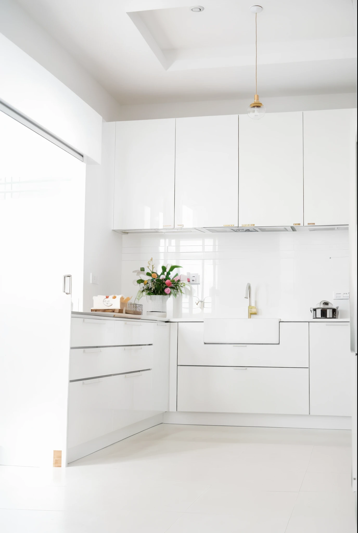 there is a white kitchen with a refrigerator and window, minimalista e bonito, cozinha minimalista, branco com detalhes dourados, made of all white ceramic tiles, em uma cozinha, cozinha pequena, branco brilhante, cozinha iluminada por janela brilhante, cozinha, esquema de cores branco, minimalismo elegante, Wooden cabinets, esquema de cores branco e dourado, branco elegante, limpo e arrumado, lockers, detalhes sutis em vermelho