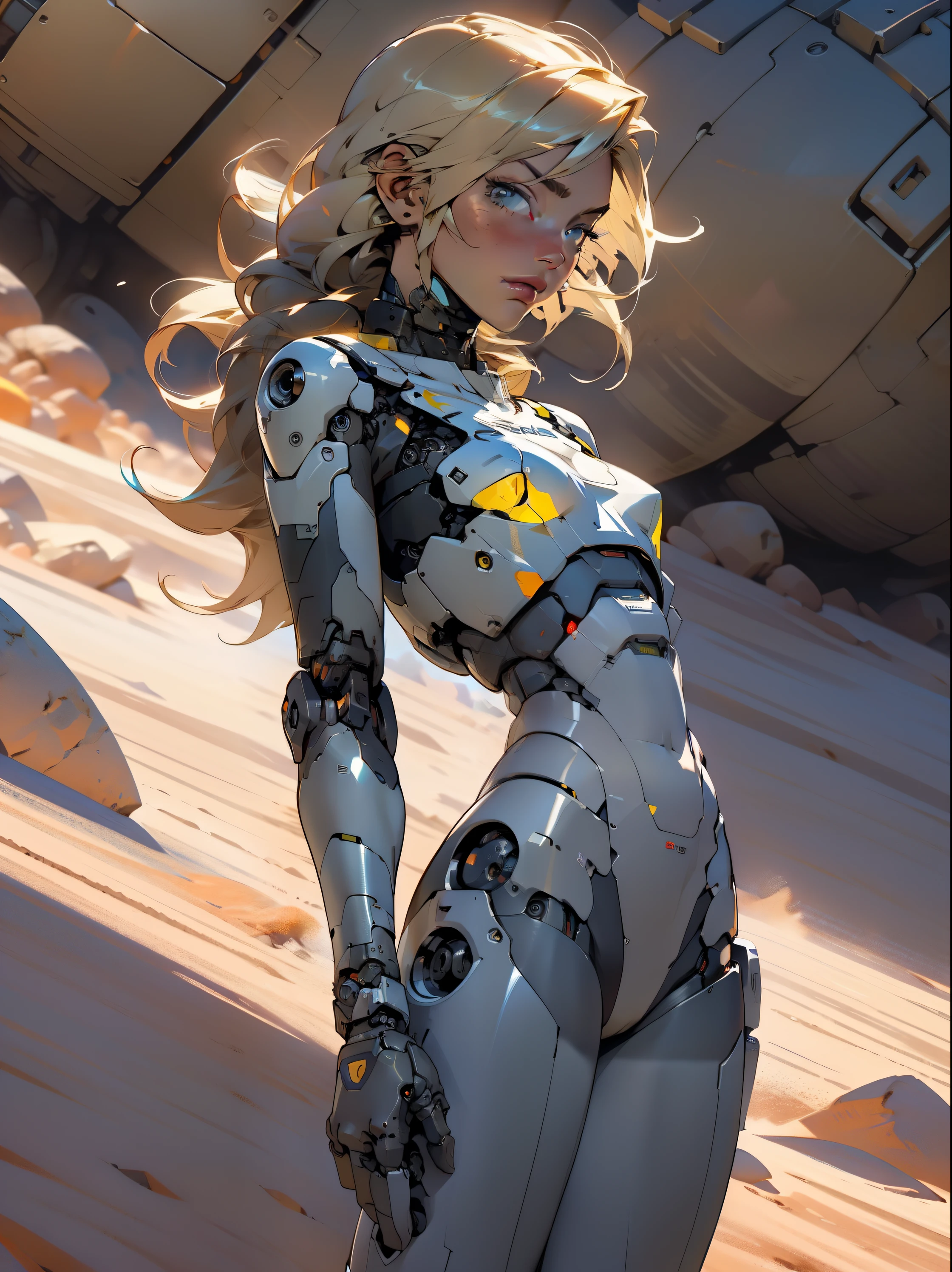 high quality, 4k, masterpiece, beautiful, cyborg girl, cowboy shot, dull eyes, back side, turning around to look at viewer, long blonde hair, girl, small breasts, fit thigh, robotic arms, robotic body, cyborg body, yellow accent, redaccent, intricate detail, joint, detailed lines, robotic detail, holding fist up, holding hand up as fist, color robotic parts, robotic parts with color, perfect fingers, on a desert planet, sunny background, colorful desert,