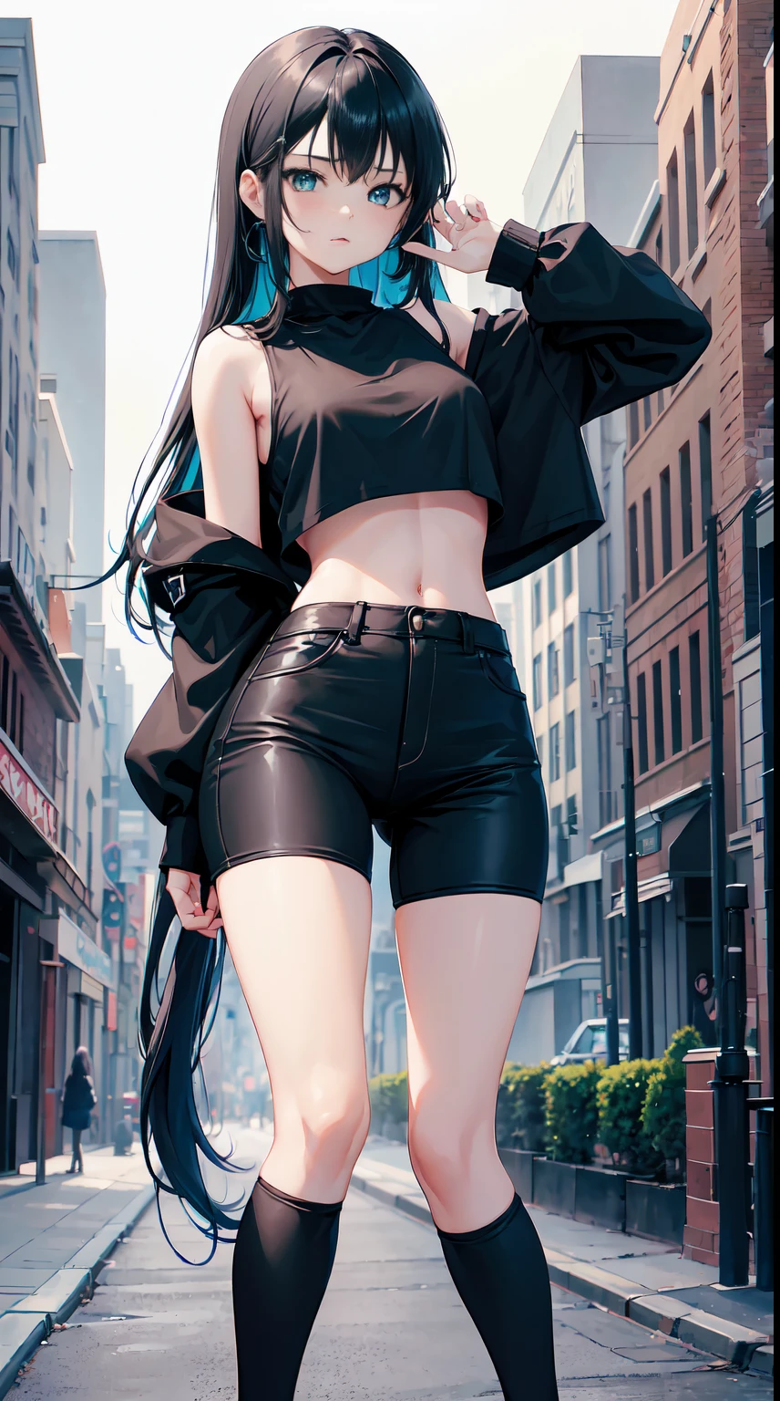 Anime girl in black outfit posing on street with blue hair - SeaArt AI