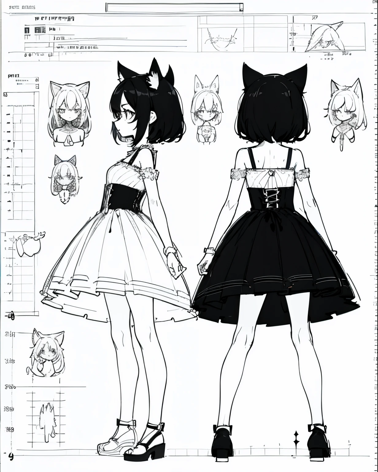 (Character Sheet),Solo,A teenage girl , highlighted black hair, Wearing a cute dress ,line-drawing ,Cat's ears ,Character Sheet Details,3 different angles, Highly detailed body parts,Design drawings