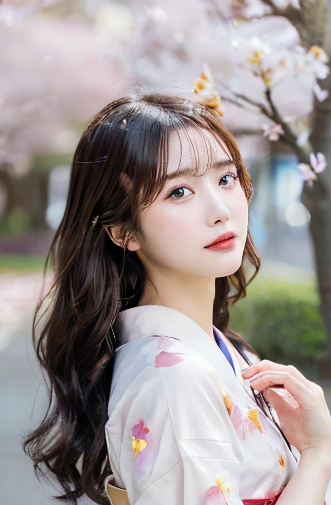 (kimono)、、(Cherry petals blur and fall.:1.5)、(hairsh, Swaying in the wind:1.3)、(topquality,tmasterpiece:1.3,超High Resolution,),(ultra-detailliert,caustics),(photorealestic:1.4,Shooting in RAW format.,)Ultra-realistic capture,A highly detailed,High resolution 16K for human skin、 The texture of the skin is natural.、、Healthy-looking skin, has an even tone.、 Use natural light and color,a one woman,Japanese,,Kawaii,dark-haired,Medium Hair,(Depth of field、chromatic aberration、、Wide range of lighting options、natural shading、)、(Petals reflect light:1.3)