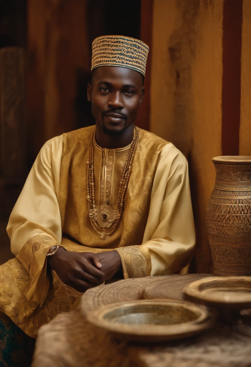 Adekunle is crafting intricate pottery in a traditional village,original,Prince Adekunle Adebayo, a fictitious Nigerian royal, portrays himself with an aura of elegance and persuasive charm. He’s often seen in opulent, traditional Nigerian robes, his appearance crowned by a confident, yet earnest expression, designed to evoke trust and sympathy.