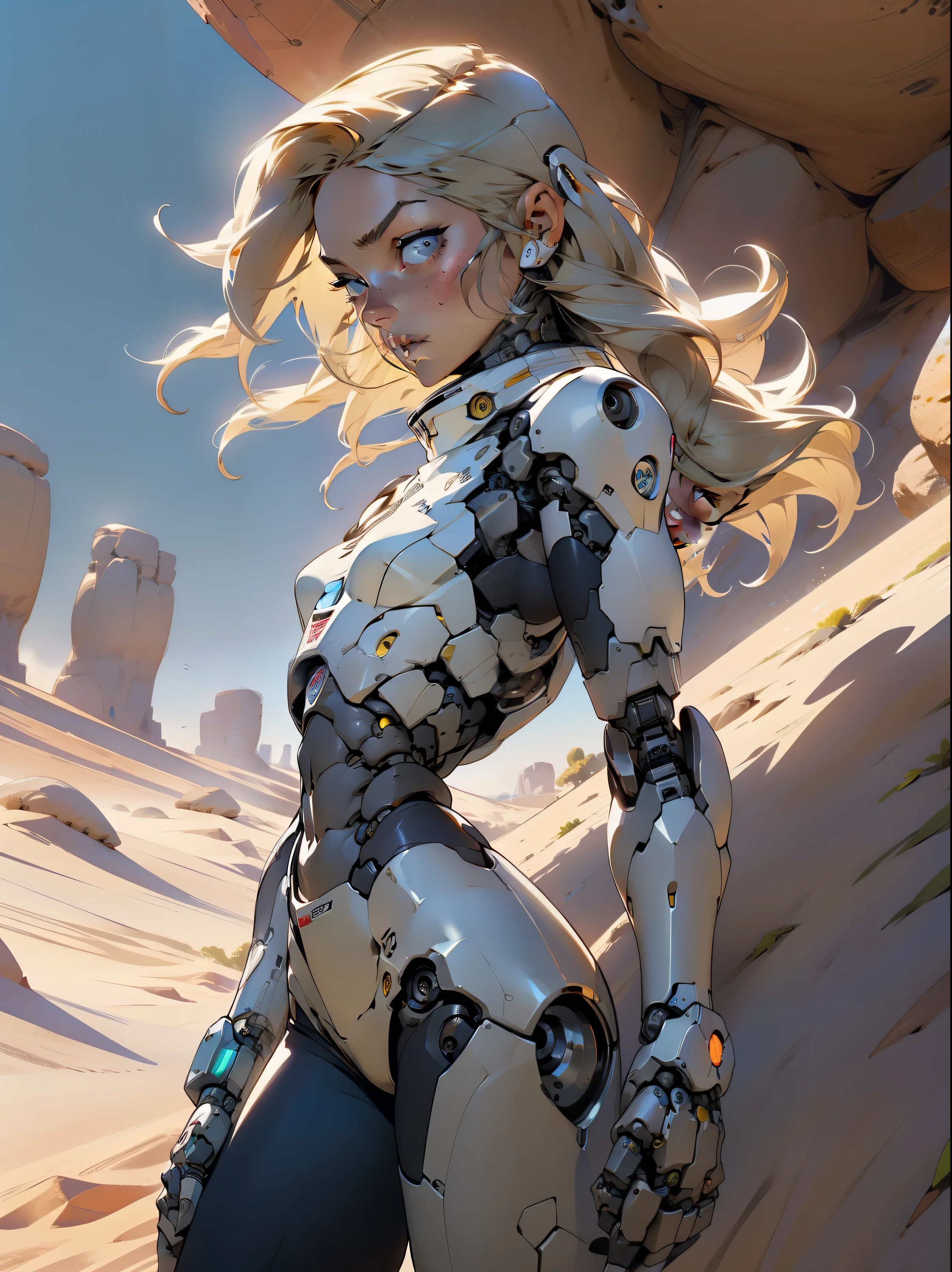 high quality, 4k, masterpiece, beautiful, cyborg girl, cowboy shot, dull eyes, back side, turning around to look at viewer, long blonde hair, girl, small breasts, fit thigh, robotic arms, robotic body, cyborg body, yellow accent, redaccent, intricate detail, joint, detailed lines, robotic detail, holding fist up, holding hand up as fist, color robotic parts, robotic parts with color, perfect fingers, on a desert planet, sunny background, colorful desert,