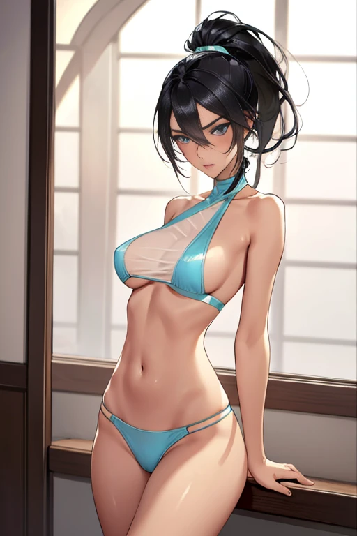 1girl,a beautiful fashion model ,(masterpiece, official art, best quality),long and shiny hair, black hair, long ponytail, hair strand between eyes, full lips, upturned nose (tan skin 1.3), lingerie, big boobs, stripping, elegant makeup, exhibitionism, naked in public, akali, slim thighs, toned body, shiny skin, sexy pose, blue eyes, (slender, skinny, slim), bewildered, shocked, blush,