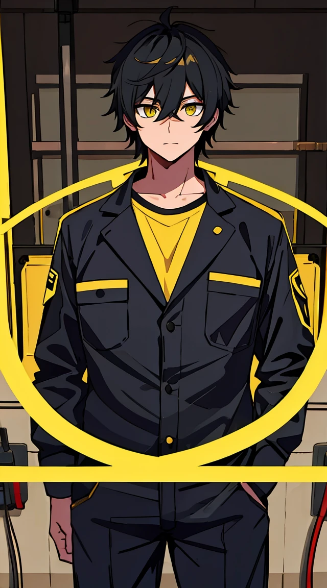 Best Quality, Very detailed, Guy, electrician clothes, bright yellow eyes, Thick hair,