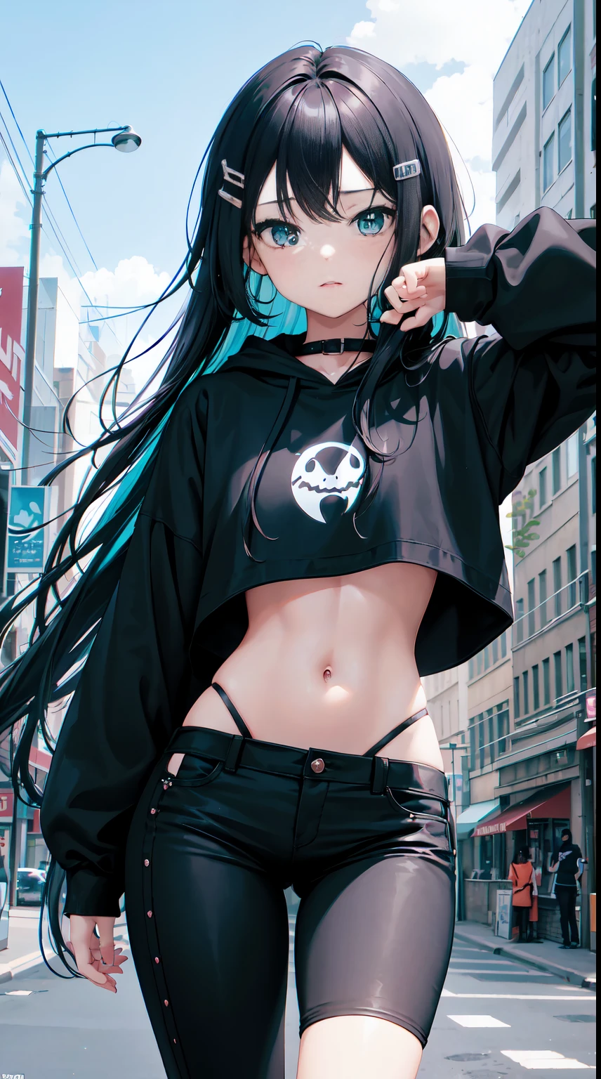 , 1girl, young girl, anime style, skinny body, Anime young girl wearing crop top black hoodie, skinny jeans pants, blue long hair with hair-clip, green eyes colour, pose picture of her cute pose, straight on street of towers, anime art wallpaper, detailed, 8k, high quality