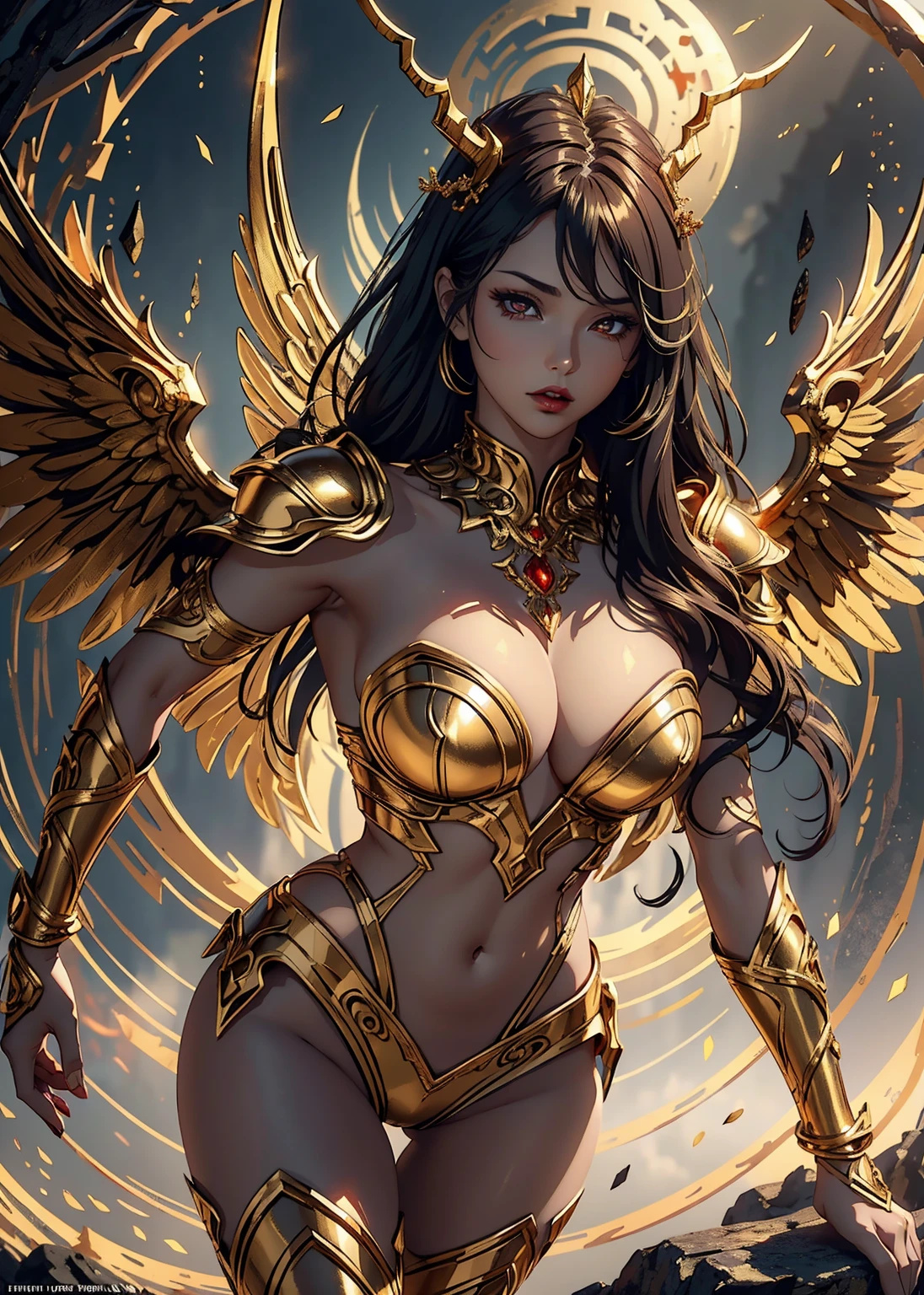 best quality,ultra-detailed,realistic,sexy demon-angelic figure with seductive aura,dark wings,heavenly glowing eyes,piercing gaze,pouty red lips, horns on forehead,flowing golden hair,fit and toned body,elaborate golden armor revealing beautiful curves,golden halo floating above,standing in a misty and ethereal landscape,atmospheric lighting with soft golden hues,evoking a sense of mystery and sensuality,vivid colors with deep contrasts,an intoxicating mix of red, black, and gold,innocence and temptation intertwined,provoking desire and fascination in equal measure.