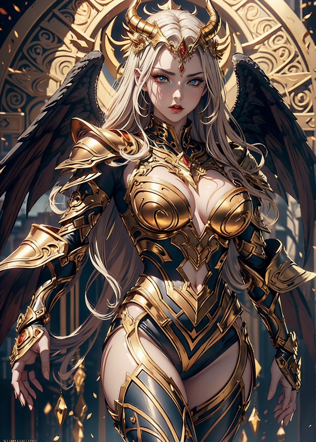 best quality,ultra-detailed,realistic,sexy demon-angelic figure with seductive aura,dark wings,heavenly glowing eyes,piercing gaze,pouty red lips, horns on forehead,flowing golden hair,fit and toned body,elaborate golden armor revealing beautiful curves,golden halo floating above,standing in a misty and ethereal landscape,atmospheric lighting with soft golden hues,evoking a sense of mystery and sensuality,vivid colors with deep contrasts,an intoxicating mix of red, black, and gold,innocence and temptation intertwined,provoking desire and fascination in equal measure.