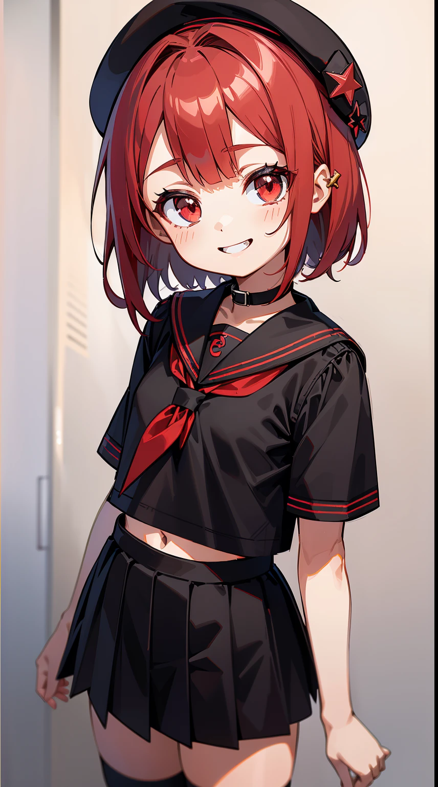masterpiece,best quality,ultra detailed,8k,solo,petit girl,8 years old,flat chest,{{{red hair}}},short hair,straight hair,{{{black beret and serafuku}}},((hat pin)),red eyes,(black serafuku:1.4),black sailor collar,navel,red neckerchief,red line,short sleeves,puffy short sleeves,smile,happy,teeth,black miniskirt,white socks,action,