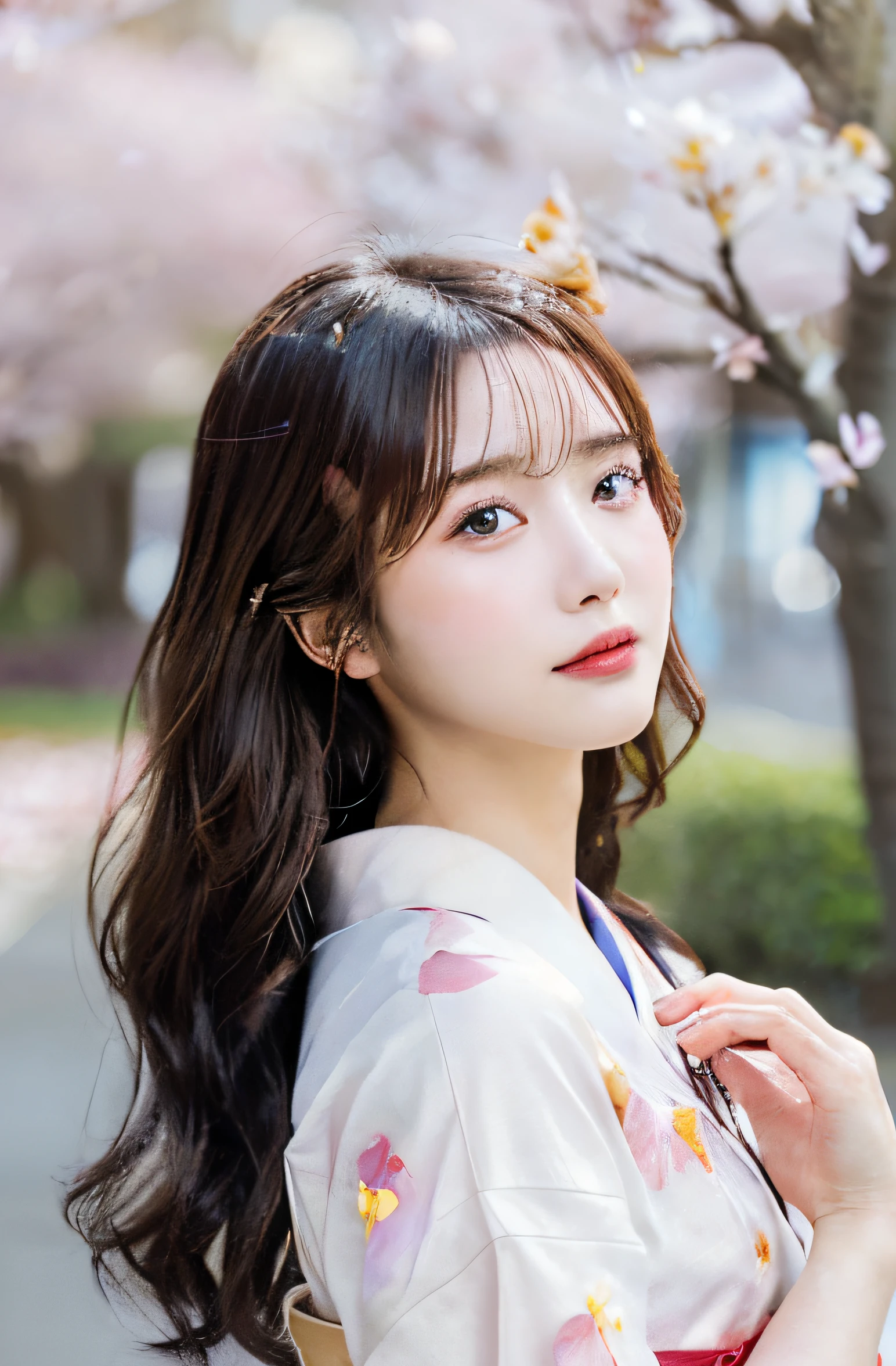 (kimono)、、(Cherry petals blur and fall.:1.5)、(hairsh, Swaying in the wind:1.3)、(topquality,tmasterpiece:1.3,超High Resolution,),(ultra-detailliert,caustics),(photorealestic:1.4,Shooting in RAW format.,)Ultra-realistic capture,A highly detailed,High resolution 16K for human skin、 The texture of the skin is natural.、、Healthy-looking skin, has an even tone.、 Use natural light and color,a one woman,Japanese,,Kawaii,dark-haired,Medium Hair,(Depth of field、chromatic aberration、、Wide range of lighting options、natural shading、)、(Petals reflect light:1.3)