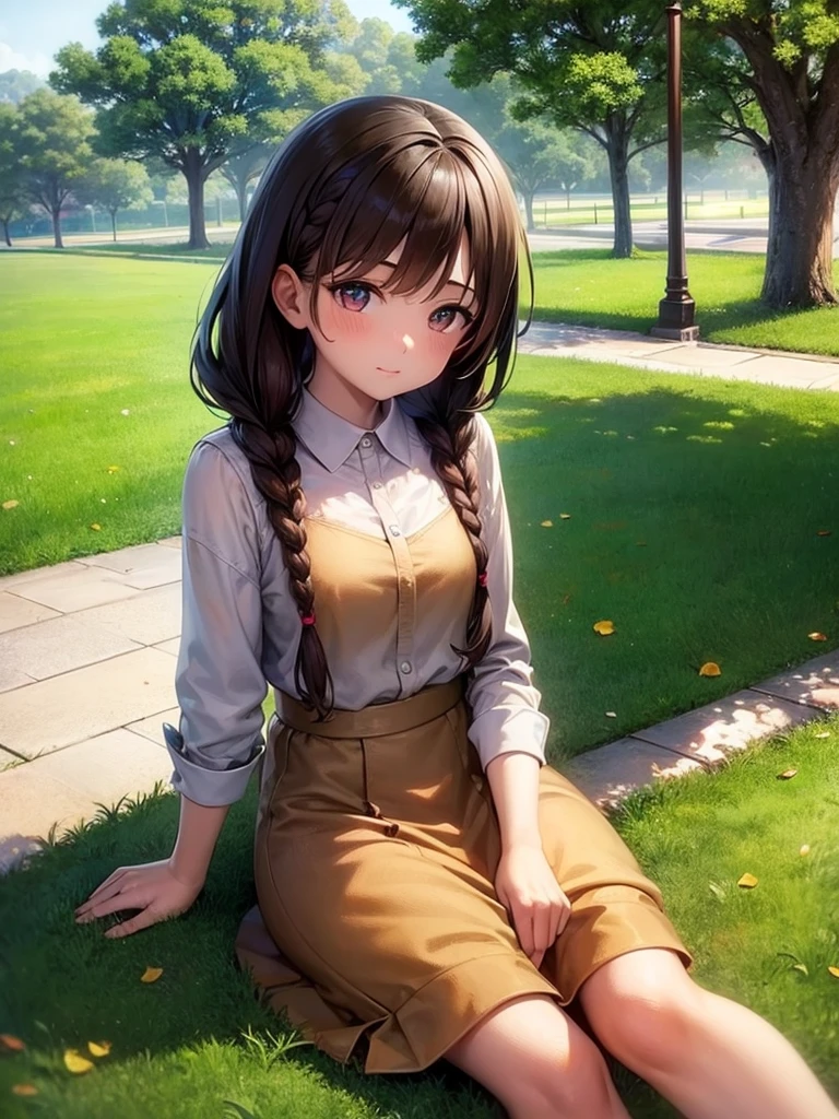 perfect anime quality, digital painting, 64k, beautiful scenery, perfect face, parted braids, brown hair, park, 1girl, sitting on the sidewalk, streets, suburban, happy, afternoon, casual outfit, close-up painting