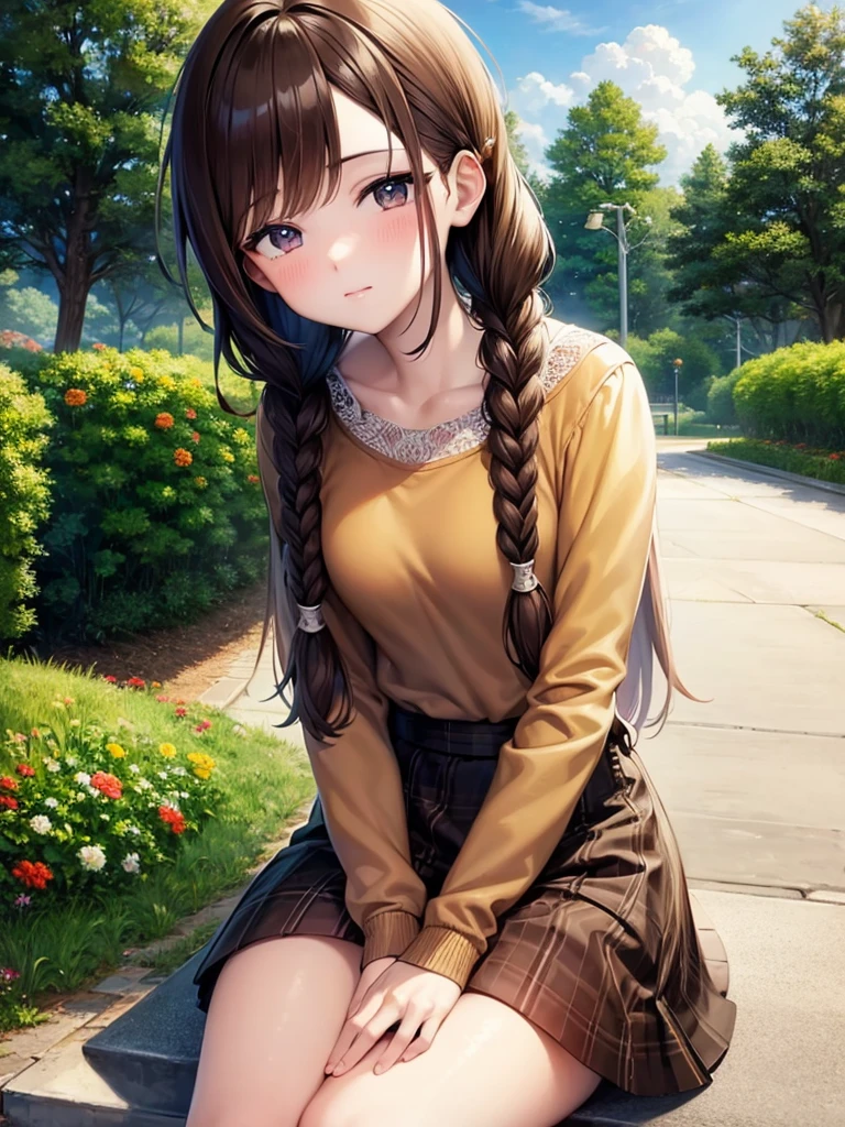 perfect anime quality, digital painting, 64k, beautiful scenery, perfect face, parted braids, brown hair, park, 1girl, sitting on the sidewalk, streets, suburban, happy, afternoon, casual outfit, close-up painting