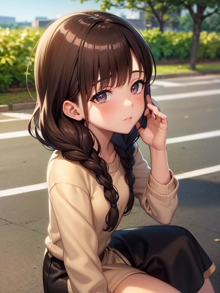 perfect anime quality, digital painting, 64k, beautiful scenery, perfect face, parted braids, brown hair, park, 1girl, sitting on the sidewalk, streets, suburban, happy, afternoon, casual outfit, close-up painting