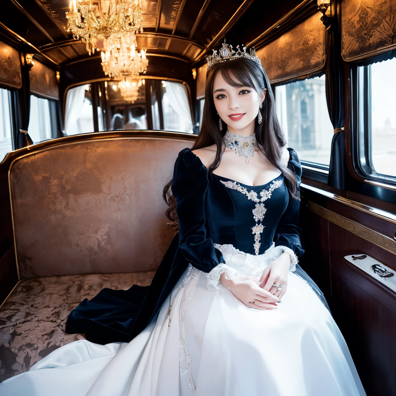 ((top-quality、masutepiece、8K、Top image quality、Hyper-Realism、SFW、1 photo))、1 Princess、(Princess riding in the most luxurious carriage:1.3)、the best smile when you look at me、Biggest smile、Photo from the waist up、princess dress with jewels、the most luxurious jeweled dress、luxurious giant tiara、gorgeous giant necklace、(perfect carriage、The most luxurious and luxuriously decorated carriage、The most luxurious carriage interior、A horse-drawn carriage with many decorations,、Ornately decorated carriage:1.2)、Luxury beyond imagination、the most richly decorated dress、Luxurious and intricate dresses、perfect anatomia