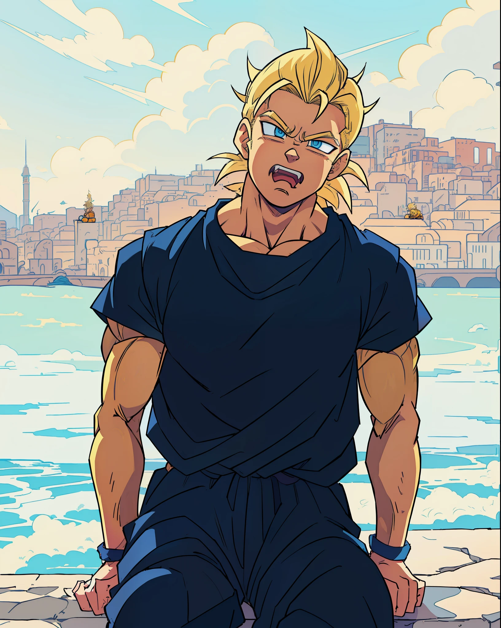 arafed man sitting on a ledge with a city in the background, ,HD, ((super saiyan)),(drawing, manga, ((masterpiece)) 4k, ((manga-style)) drawing style, character concept, super saiyan shape, ((blonde hair:1.3)), blue eyes, Son Goku, (spiked up hair), screaming