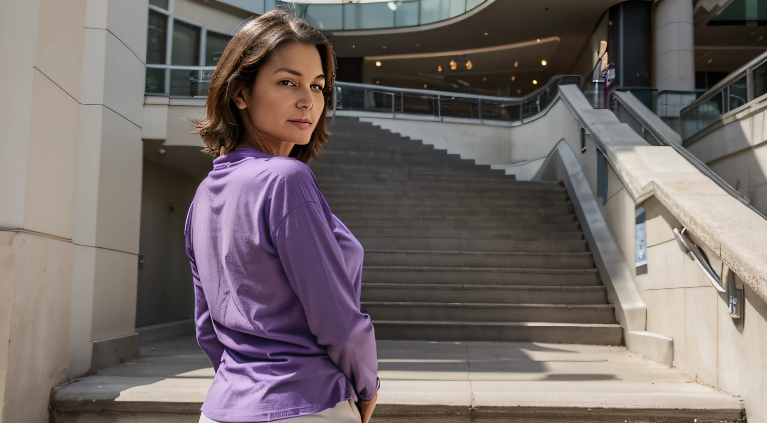 image of a 70 year old woman doing a modeling pose by showing her back in a purple shirt on the stairs of an inner mall with a landscape image