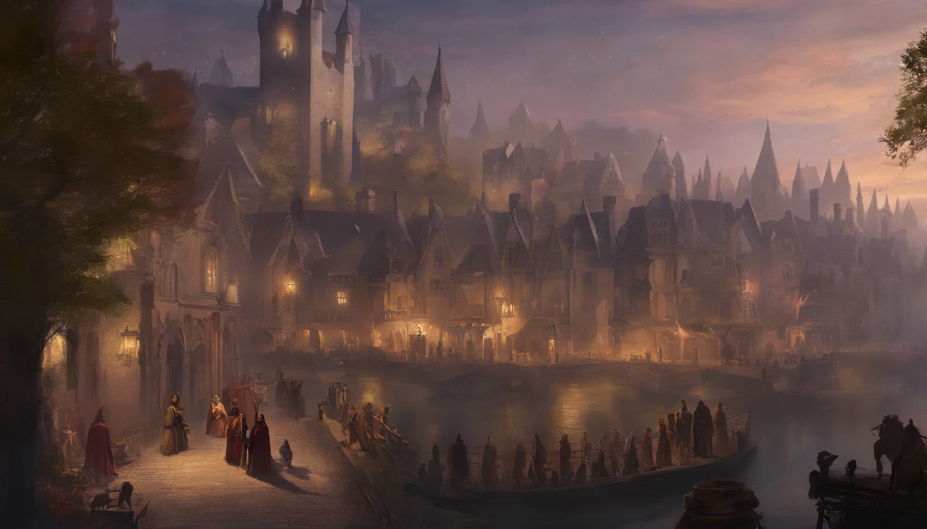a social gathering of many nobles and aristocracy in a medieval world, it is late evening and the air cool and getting dark, the atmosphere is of conspiracy and mystery
