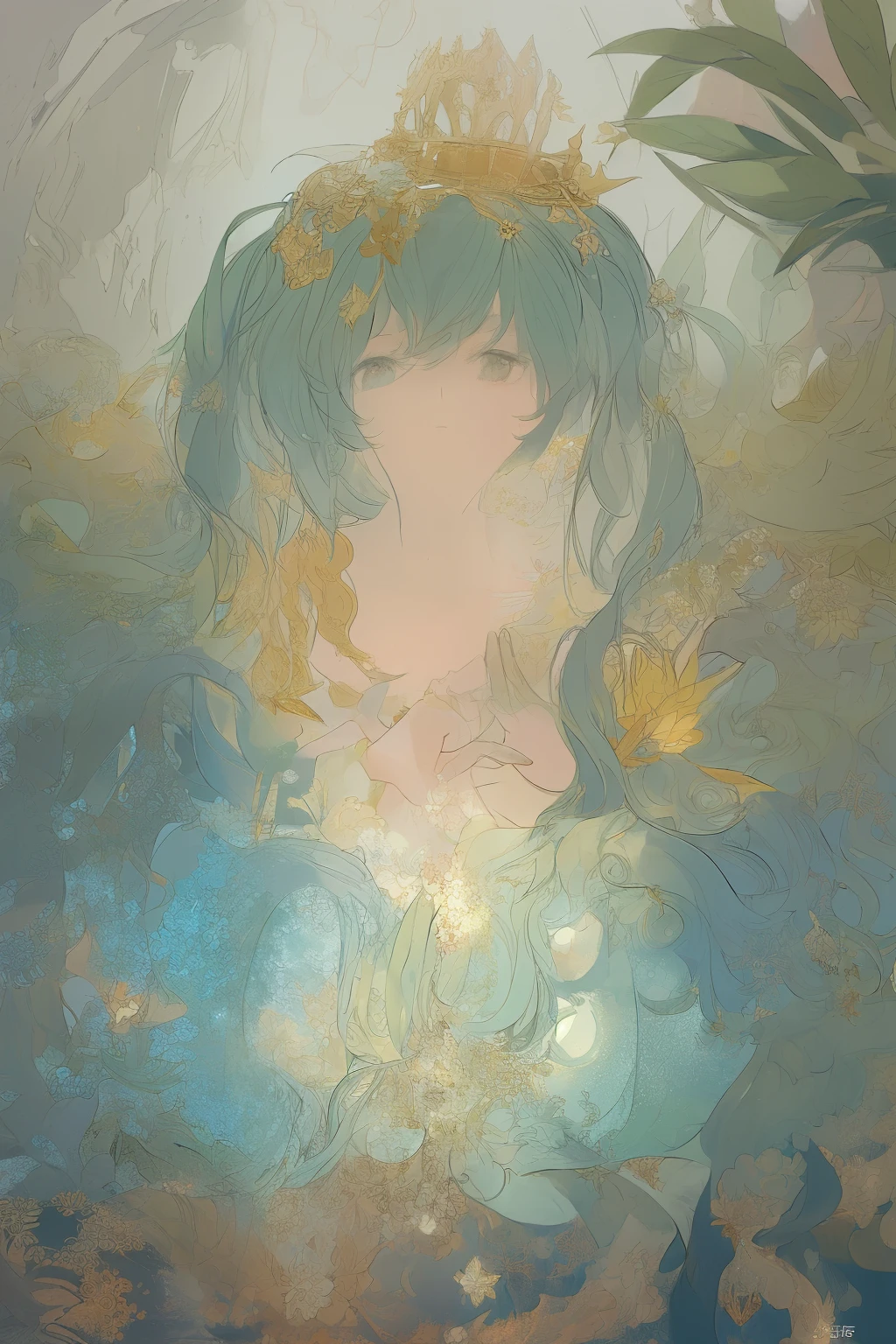 draw decorative pictures,A beautiful teenage girl with,There are many paintings around it.,(Decorative painting:1.6)Elaborate Eyes,delicated face,with crown,Delicate earrings,simple backgound,Flowers in full bloom,flower sea,(Tangled,datura,Tangles,Entangled), (s fractal art: 1.3),divine light,gold foil,Gold leaf art,Flash Drawing,simple backgound,The upper part of the body,