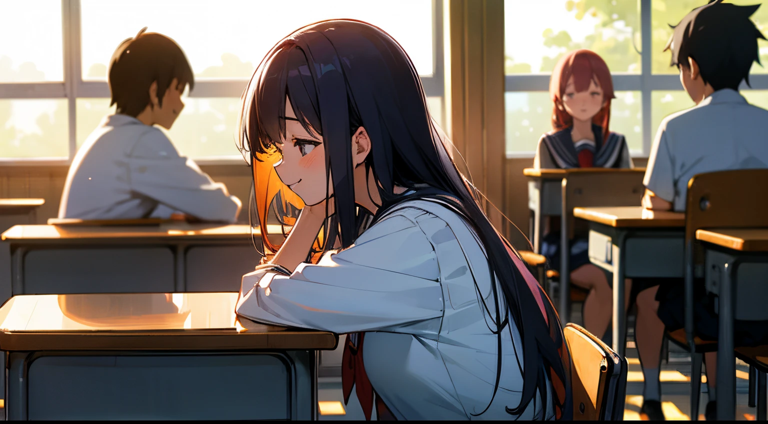 (Best Quality,hight resolution),Full Shot,Distant view,Japan High School Classroom,Lively classroom during lunch break. high school boys far away, high school girl in the distance、Wearing a school uniform, Other students appear blurry in the background. soft sunlight, when you feel sleepy, Familiar Schools. she is smiling.