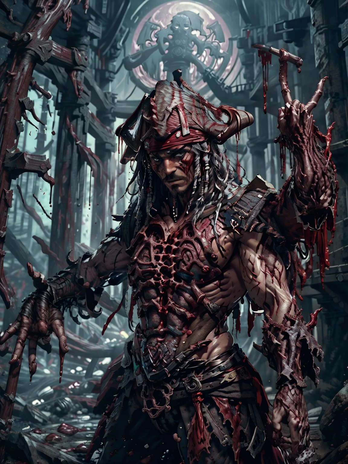 ((cracked porcelain skin)),((exposed muscle tissue)),pirate,pirate ship in background,ultra-detailed,realistic,best quality,high-res,dark shadows,sharp teeth,tattered clothing,blood-soaked hands,moonlit sky,twisted limbs,menacing aura,foreboding waves,fear-inducing expression,dreadful scars,decaying skin,mysterious mist,stern expression,eerie moonlight,terrifying figure,((dreadful pirate captain)),horrifying transformation,cables and machinery protruding from body, messy beaded goatee,