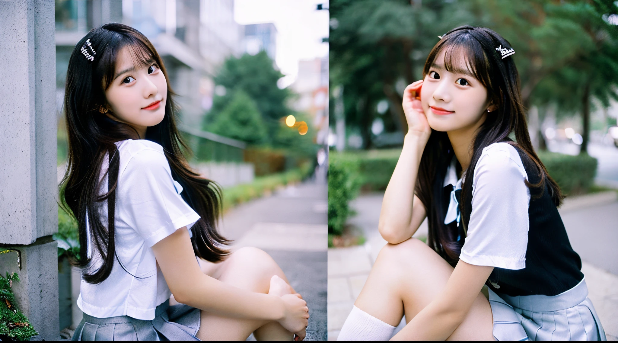 Cute high school girl 18 years old wearing a silver miniskirt