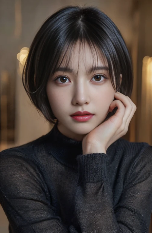 (masterpiece:1.3), (8k, photorealistic, RAW photo, best quality: 1.4), (1girl), beautiful face, (realistic face), (black hair, short hair:1.3), beautiful hairstyle, realistic eyes, beautiful detailed eyes, (realistic skin), beautiful skin, (sweater), absurdres, attractive, ultra high res, ultra realistic, highly detailed, golden ratio