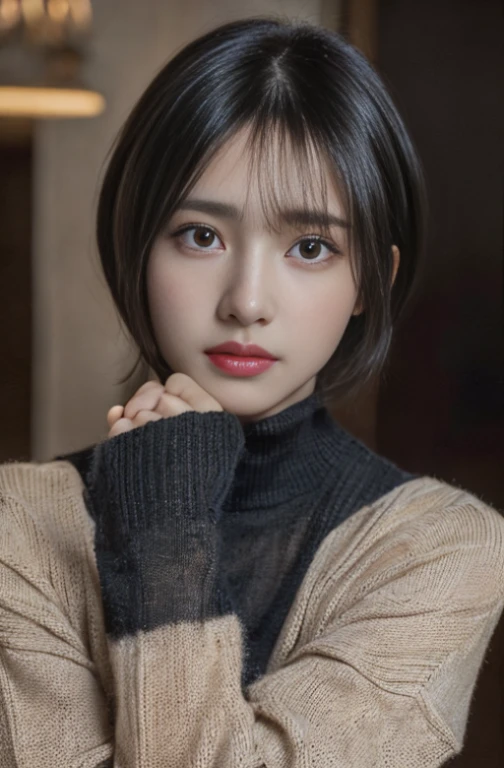 (masterpiece:1.3), (8k, photorealistic, RAW photo, best quality: 1.4), (1girl), beautiful face, (realistic face), (black hair, short hair:1.3), beautiful hairstyle, realistic eyes, beautiful detailed eyes, (realistic skin), beautiful skin, (sweater), absurdres, attractive, ultra high res, ultra realistic, highly detailed, golden ratio