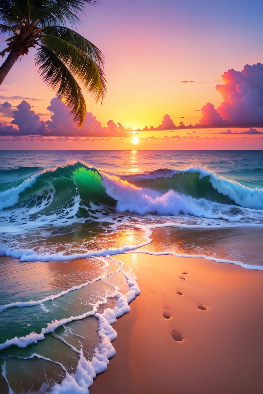 (top-quality、hight resolution、masterpiece:1.2)、ultra-detailliert、realistic and vivid red sunset、Amazing view of the sunset reflecting on the sea surface、end of the day、beautiful sunset on the horizon、Clear blue sea, white sandy beach, palm trees、(The sea is very calm and there are no waves.)