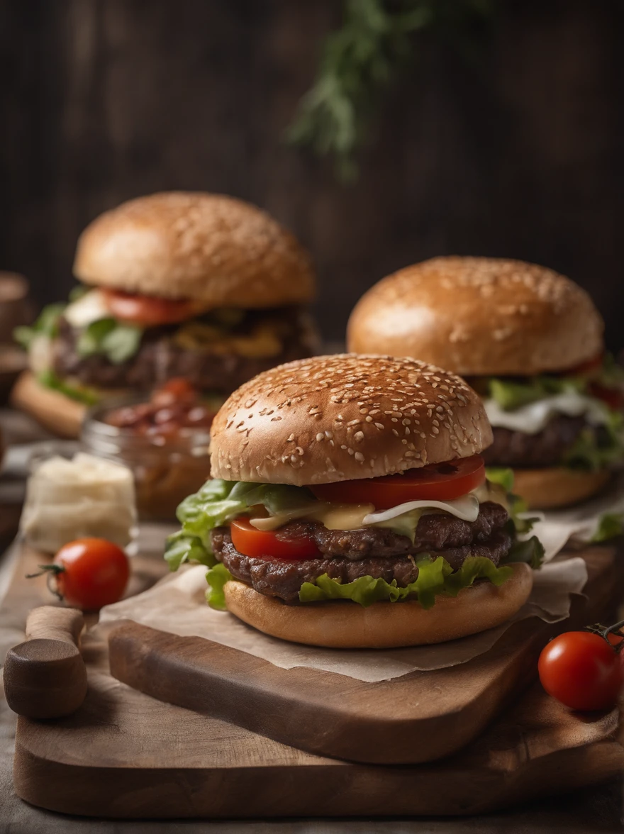 two hamburgers with cheese, onions, and tomatoes on a wooden cutting board, hamburgers, serving burgers, operating on burgers, high quality food photography, cheeseburger, shutterstock, big juicy burger, professional food photography, burger, eating burgers, hamburger, burger on a plate, food commercial 4 k, burger with a mouth