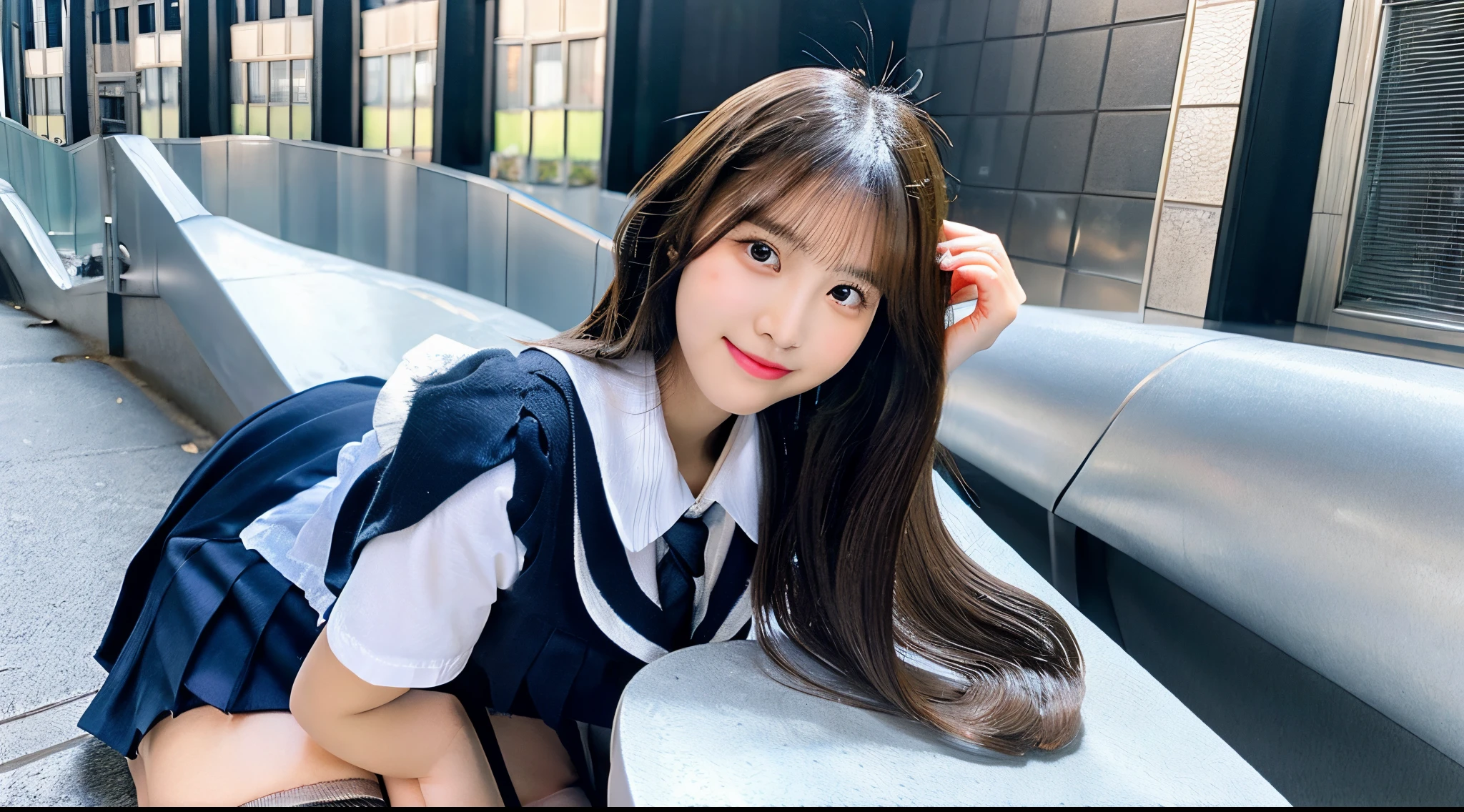 Cute high school girl 18 years old wearing a silver miniskirt