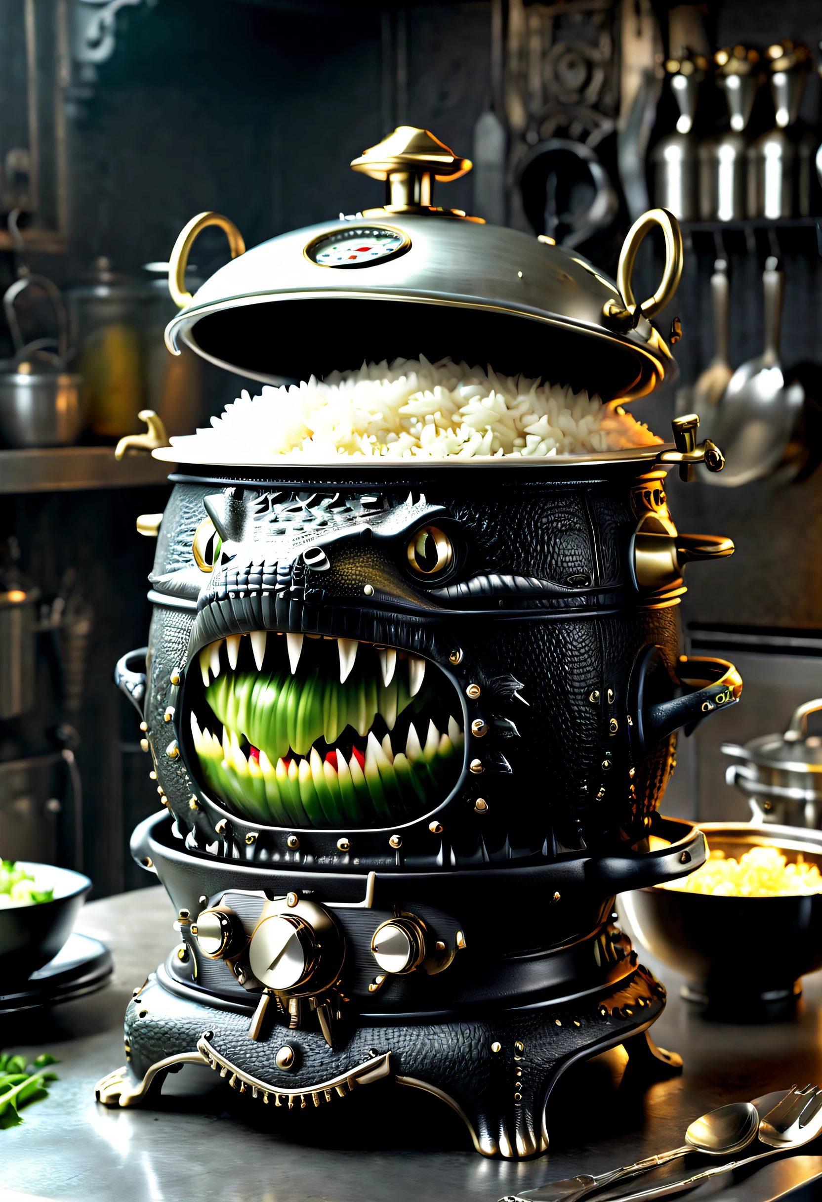 Kaia Koopman (Kaia Koopman) Stylized, beautifuldetails，（Crocodile monster shaped rice cooker），Many bowls of rice，goth style，punk，Creative product design，Very unified CG，Complicated details， Background with：（Many bowls of rice)，kitchen wasteland, sci fi art, Space style，Excellent，hyper realisitc，Thriller，