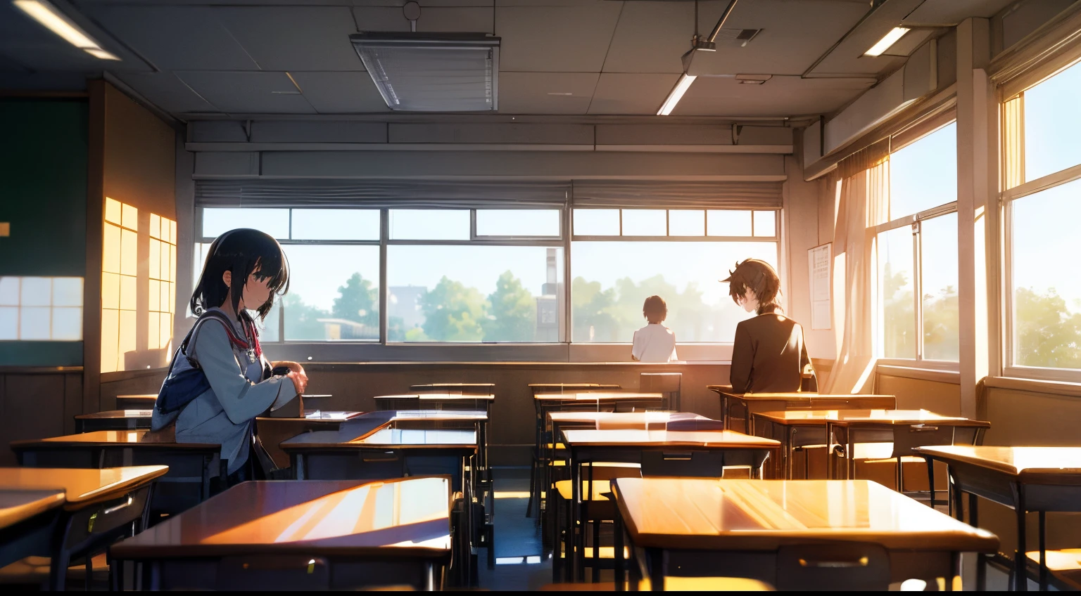 (Best Quality,hight resolution),Full Shot,Distant view,Japan High School Classroom,Lively classroom during lunch break. high school boy far away, high school girl in the distance、Wearing a school uniform, Other students appear blurry in the background. soft sunlight, when you feel sleepy, Familiar Schools. she is smiling.