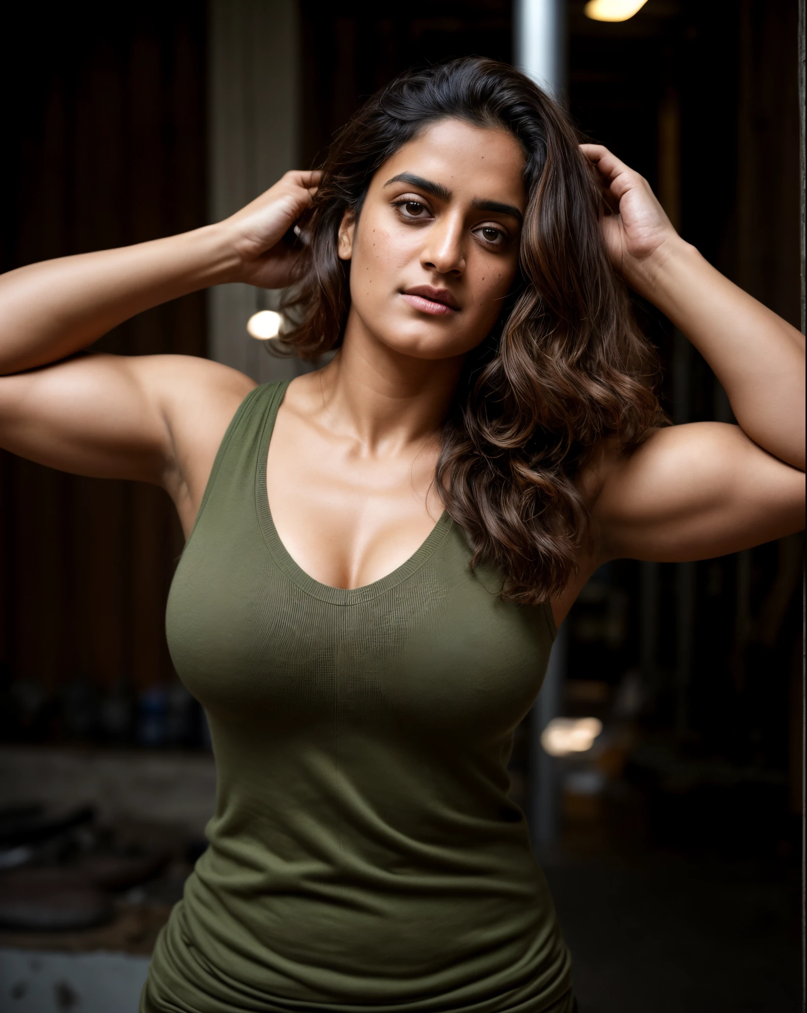 Face of PV Sindhu and Tapsee Pannu, perfect thick dusky Beauty, dynamic lighting, wearing olive green Knit Cami top, She is the combination of Beauty and power, detailed hairy armpits, super hot cop, mascular Woman doing exercise, full of sweat, sweaty body, sweat, shiny skin, movie stills, cinematic portrait, cinematic Lightning, Highest quality, (dramatic lighting:0.7), masterpiece, high angle shot, perky breast, big tight breast, RAW photo of (pale 45 year old military Special Force woman with short styled hair, mascular woman with heavy physique, looking up at the viewer), cute, Extremely sweat, (wearing sleeveless
square neck vest, thin cotton ), doing free hand excercise in a military camp in jungle, portrait, perfect face, beautiful eyes, vivid detail, (highly detailed skin), freckles, sfw, (blue tint:0.6), (dirty:0.8), (bloody:0.7), key lighting, (backlighting:0.5), medium depth of field, photographed on a Canon 5D, 50mm lens, F/4 aperture, (hyperdetailed, intricate details), sharp focus, muted colors, 8k, absurdres, 8mm film grain, war photography, perfect eyes, detailed eyes, sharp focus,