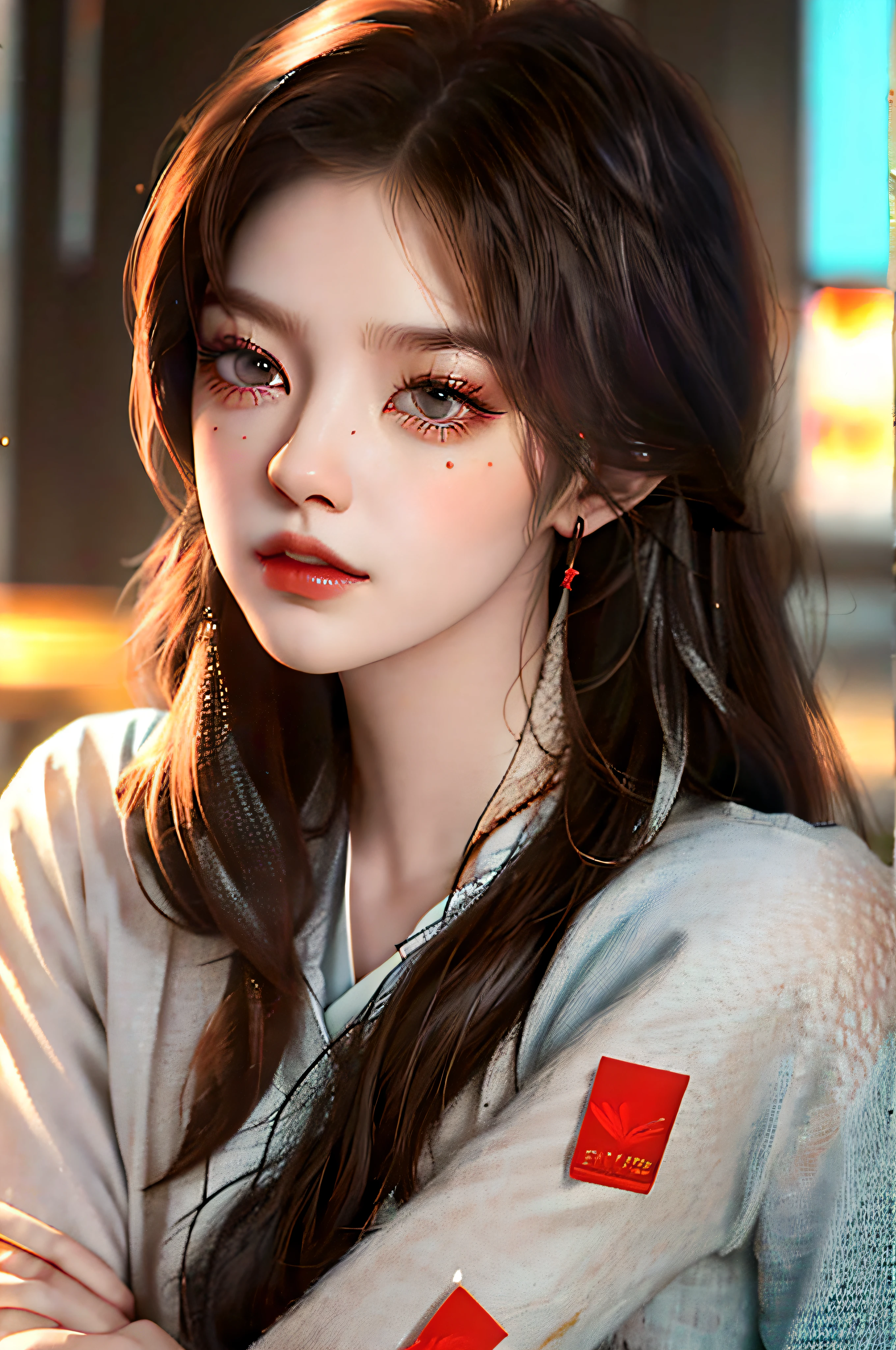 Intricately detailed portrait of a young sensual woman with wavy hair, close up, draped in a red shawl, alluring, delicate, mystical, hypnotic, concept art, 3d render