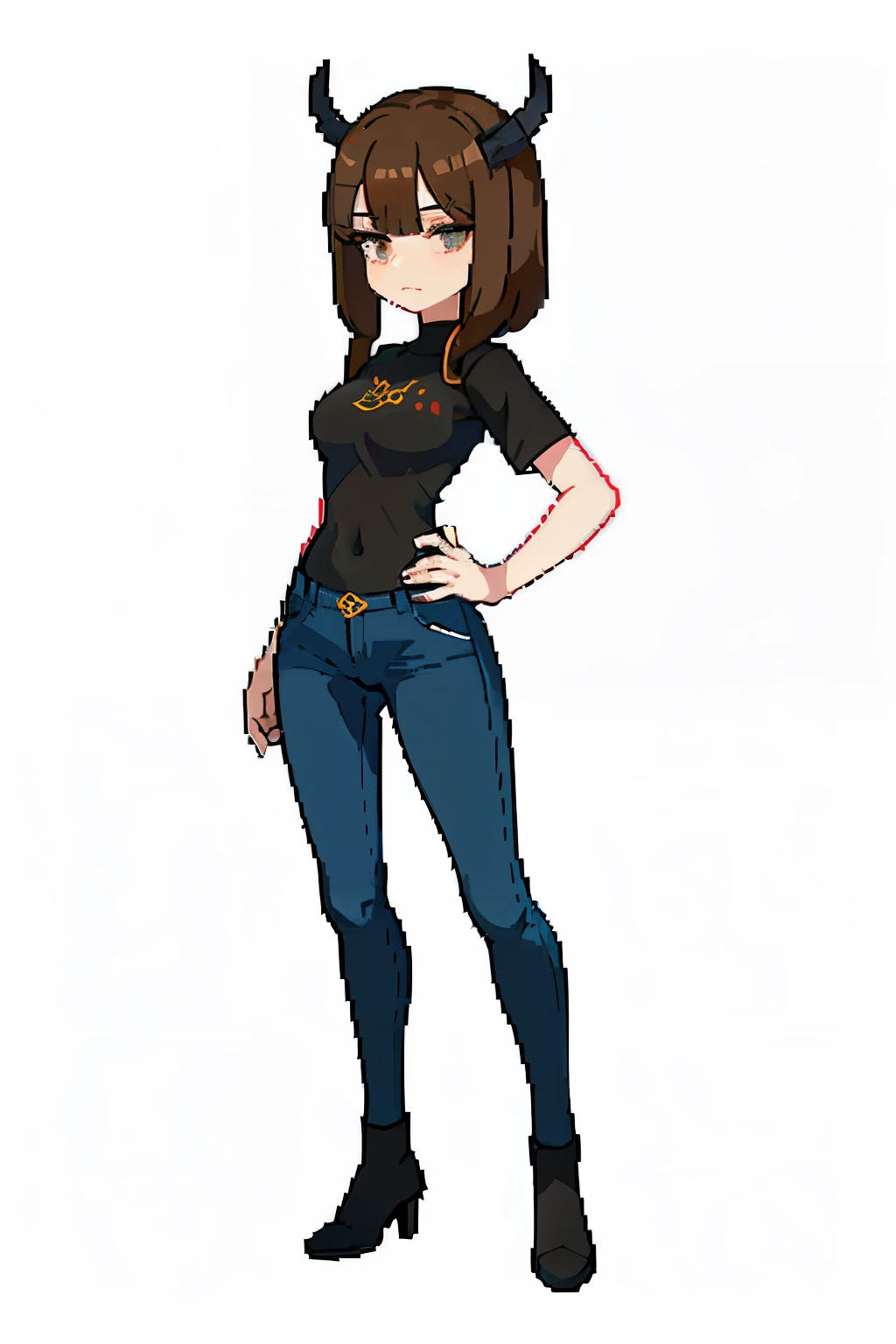 (шедевр, высокое качество, лучшее качество), пиксель, пиксель girl brown hair and horns black eyes black blouse and jeans