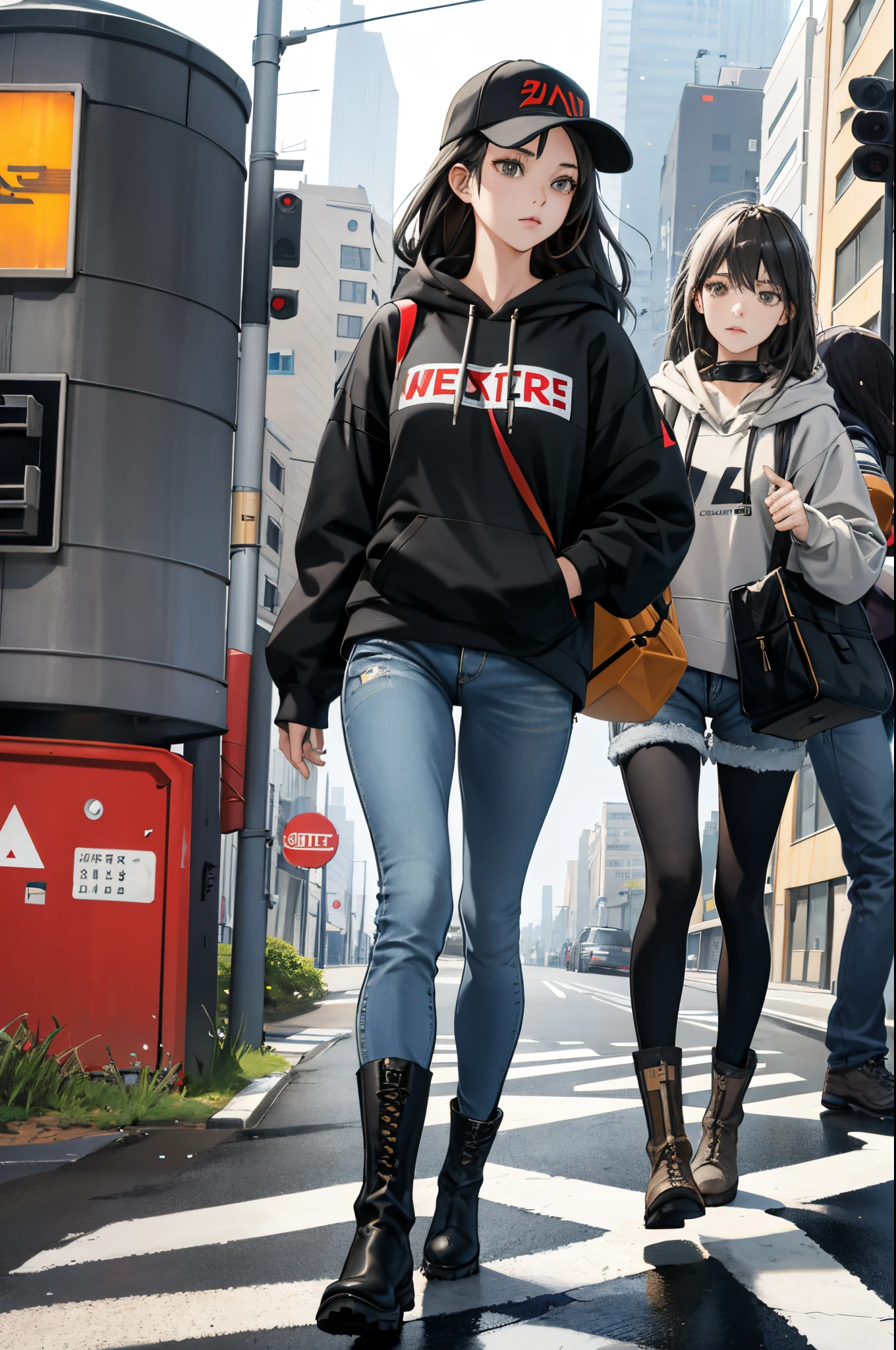 1人の女性(Women in Their 20s)，（​masterpiece，Highest Quality），caps、Gray hoodie，denim short pants，Bag，Engineer Boots、long boots、A dark-haired，Walking at a pedestrian crossing