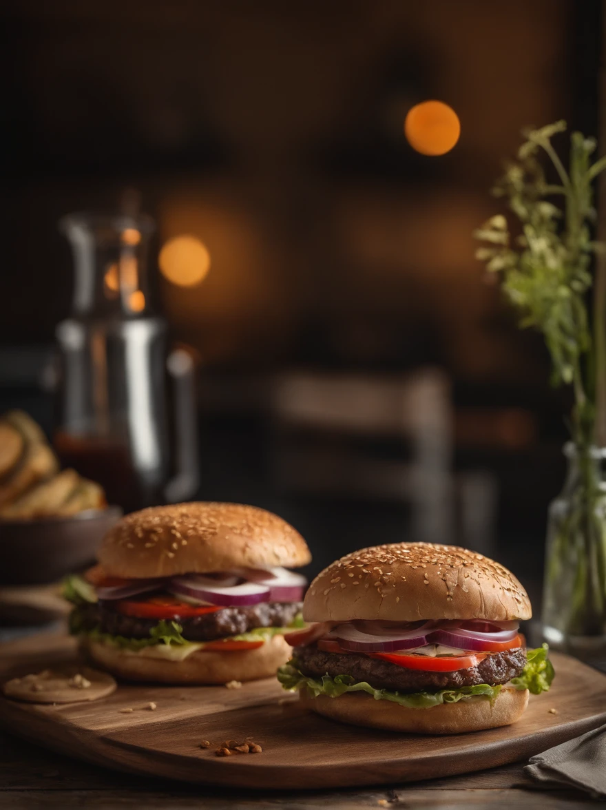 two hamburgers with cheese, onions, and tomatoes on a wooden cutting board, hamburgers, serving burgers, operating on burgers, high quality food photography, close up, cheeseburger, shutterstock, big juicy burger, professional food photography, burger, eating burgers, hamburger, burger on a plate, food commercial 4k