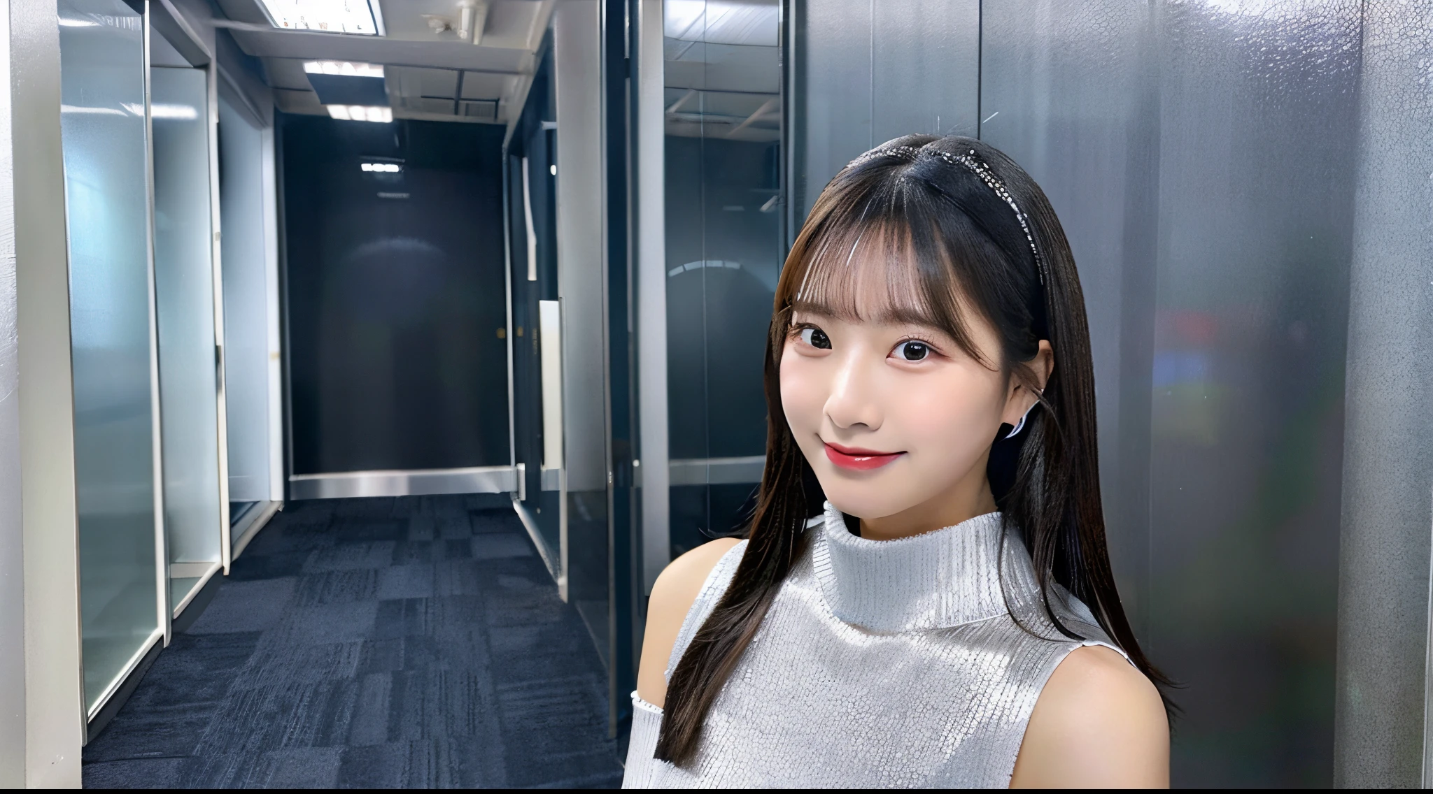 Cute 18-year-old office lady wearing a silver miniskirt