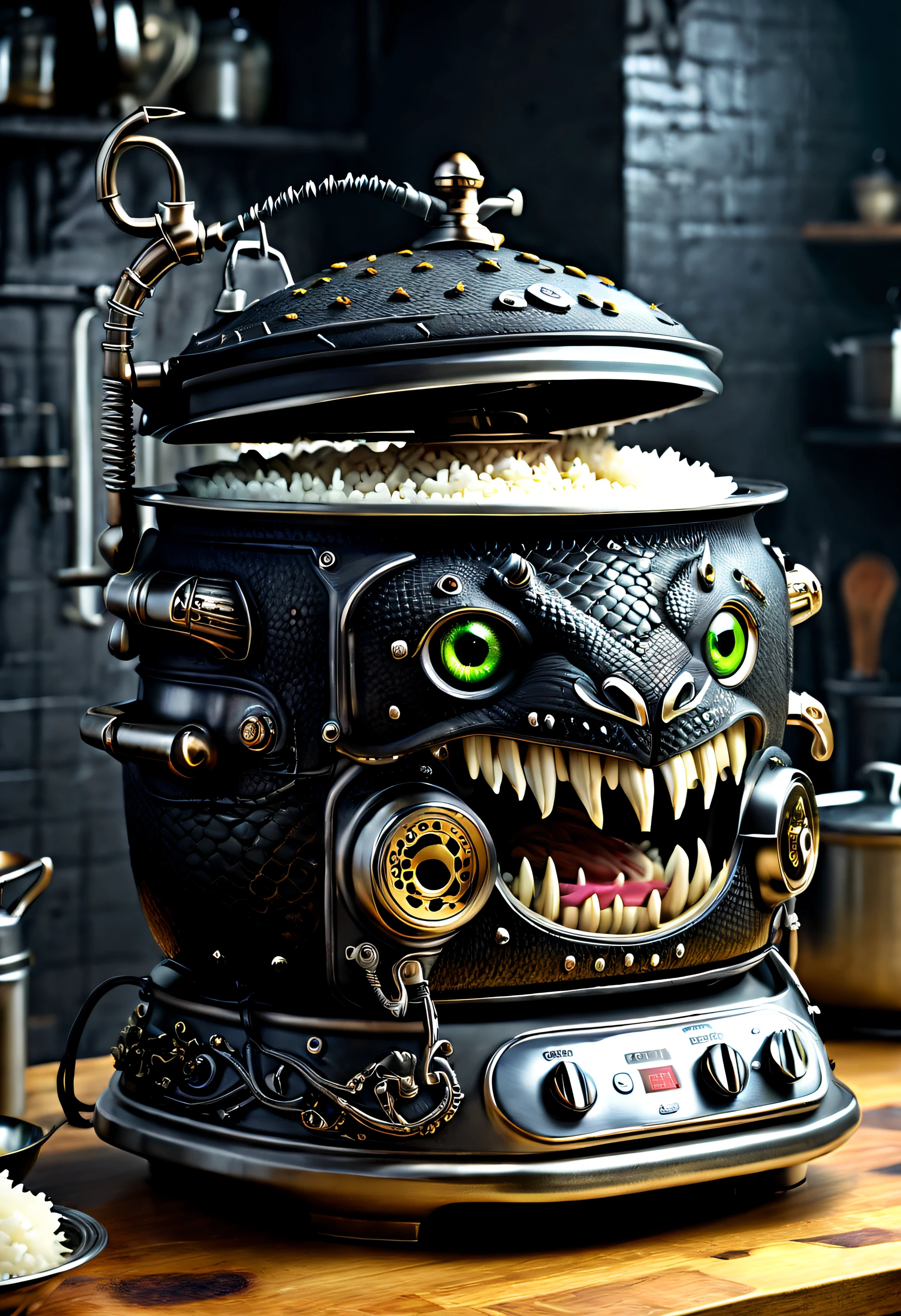 Kaia Koopman (Kaia Koopman) Stylized, （Python monster shaped rice cooker），Many bowls of rice，goth style，punk，Creative product design，Very unified CG，Complicated details， Background with：（Many bowls of rice)，kitchen wasteland, sci fi art, Space style，Excellent，hyper realisitc，Thriller，beautifuldetails，