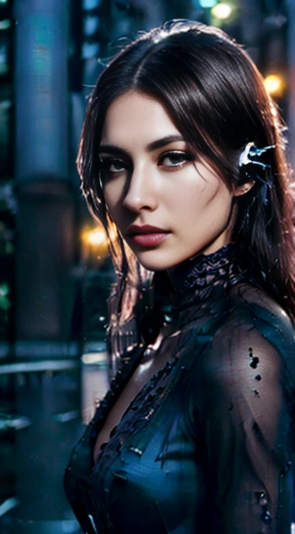 a woman, 27 years old, listening to music with headphones with the landscape of the city of NY at night and raining. a lonely woman who finds solace in music and the city lights. a musician who travels to New York to pursue his dreams and faces challenges and opportunities. A photography that depicts the contrast between the calmness of thewoman and the chaos of the city