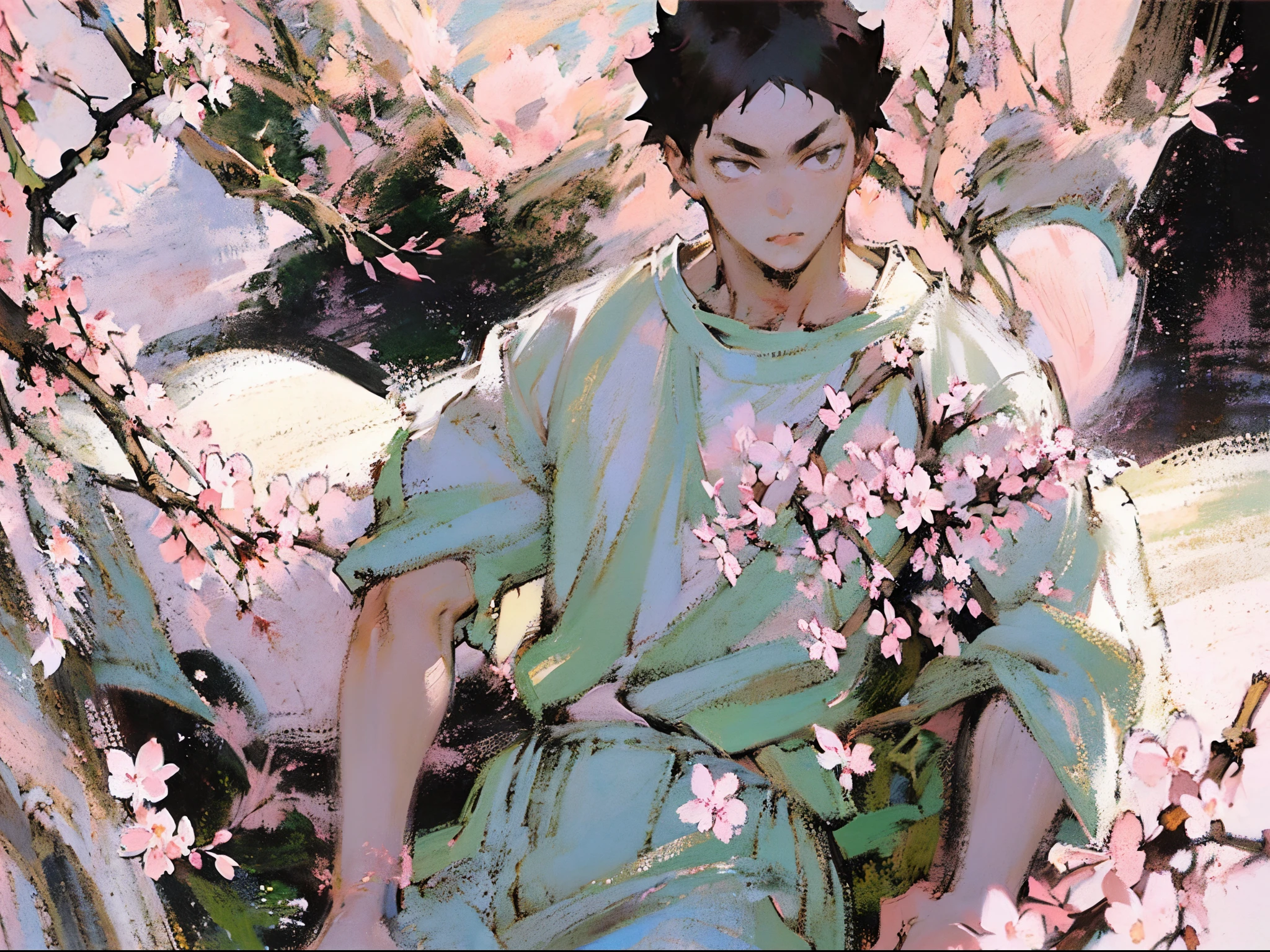 (((solo focus))),(((1 boy))),male focus,(((iwaizumi))),Fechin, oil painting, IMPRESSIONISM,black hair,((black eyes)),((short hair))plants,(((pink cherry blossom flowers))),rustic scenery,cottages,sakura,(((plain white tshirt))),khaki shorts,(((pastel colors))),((warm toned focus)),((((Looking at viewer)))),perfect face,(((handsome))),spiky hair,full body