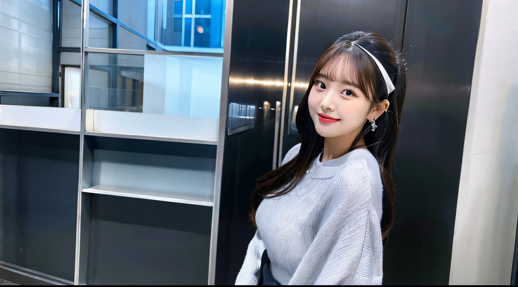 Cute 18-year-old office lady wearing a silver miniskirt