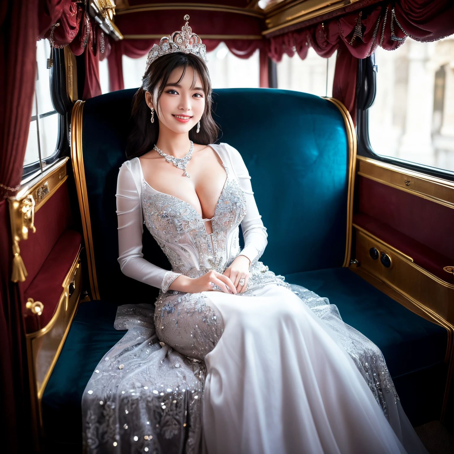 ((top-quality、masutepiece、8K、Top image quality、Hyper-Realism、SFW、1 photo))、1 Princess、(Princess riding in the most luxurious carriage:1.3)、(the best smile when you look at me、Big breasts that are about to burst、Biggest smile:1.2)、princess dress with jewels、the most luxurious jeweled dress、luxurious giant tiara、gorgeous giant necklace、(perfect carriage interior、The most luxurious and luxuriously decorated carriage interior:1.2)、Luxury beyond imagination、the most richly decorated dress、Luxurious and intricate dresses、perfect anatomia