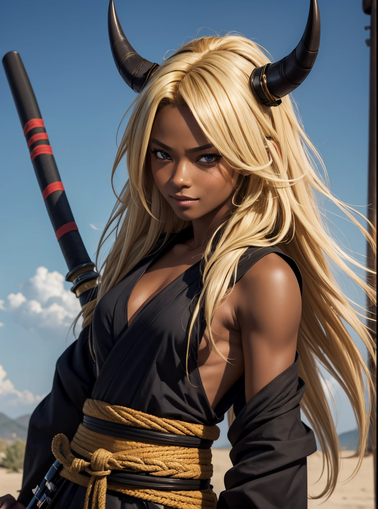 1boy, solo, ronin, anime, colored sketch, katana, gi, wild hair, long hair, pretty face, blonde hair, looking at viewer, smug smirk, crazy eyes, HD, 4K, HORNS, TANNED SKIN, DARK SKINNED