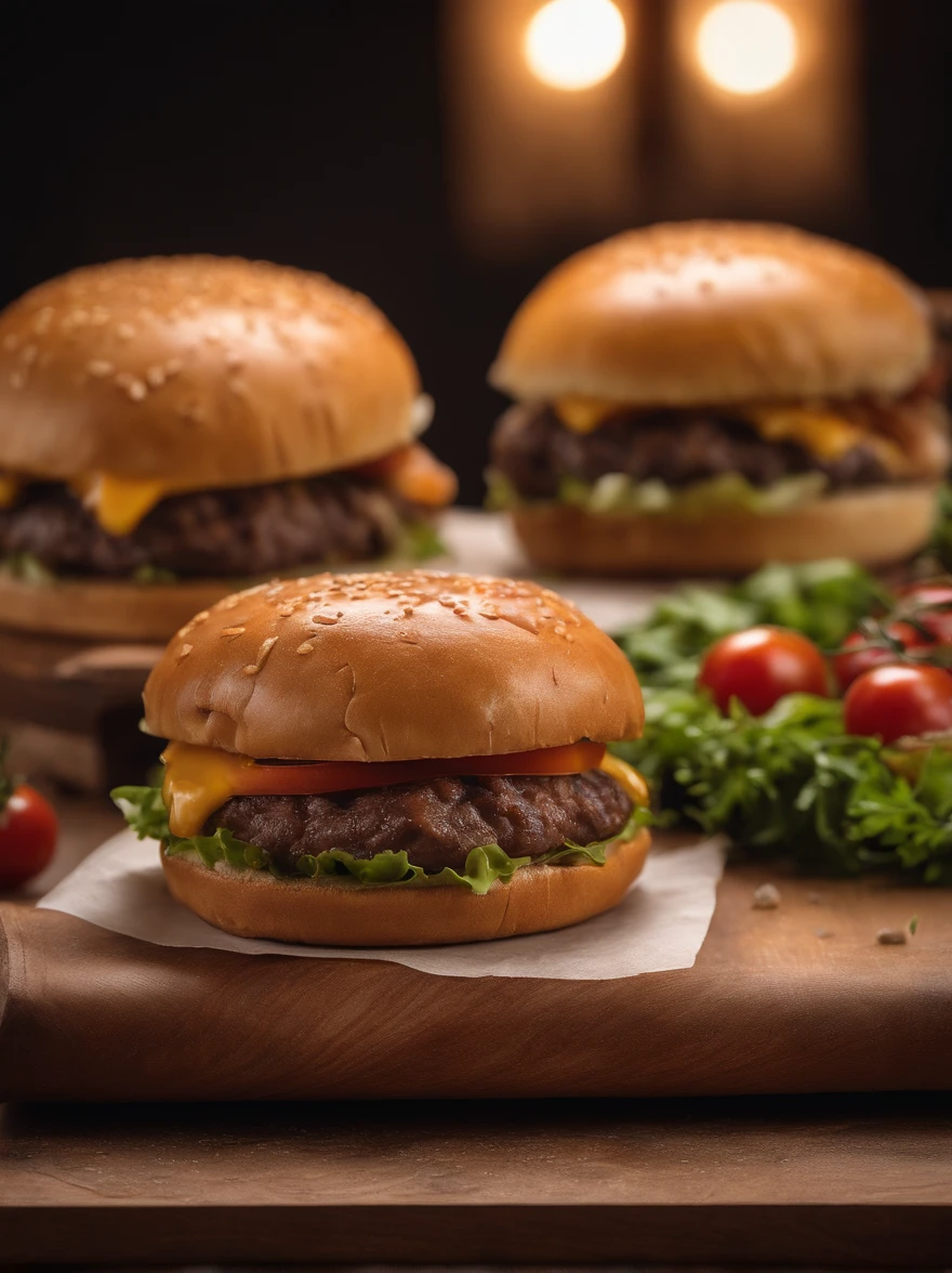 two hamburgers with cheese, onions, and tomatoes on a wooden cutting board, hamburgers, serving burgers, operating on burgers, high quality food photography, close up, cheeseburger, shutterstock, big juicy burger, professional food photography, burger, eating burgers, hamburger, burger on a plate, food commercial 4k
