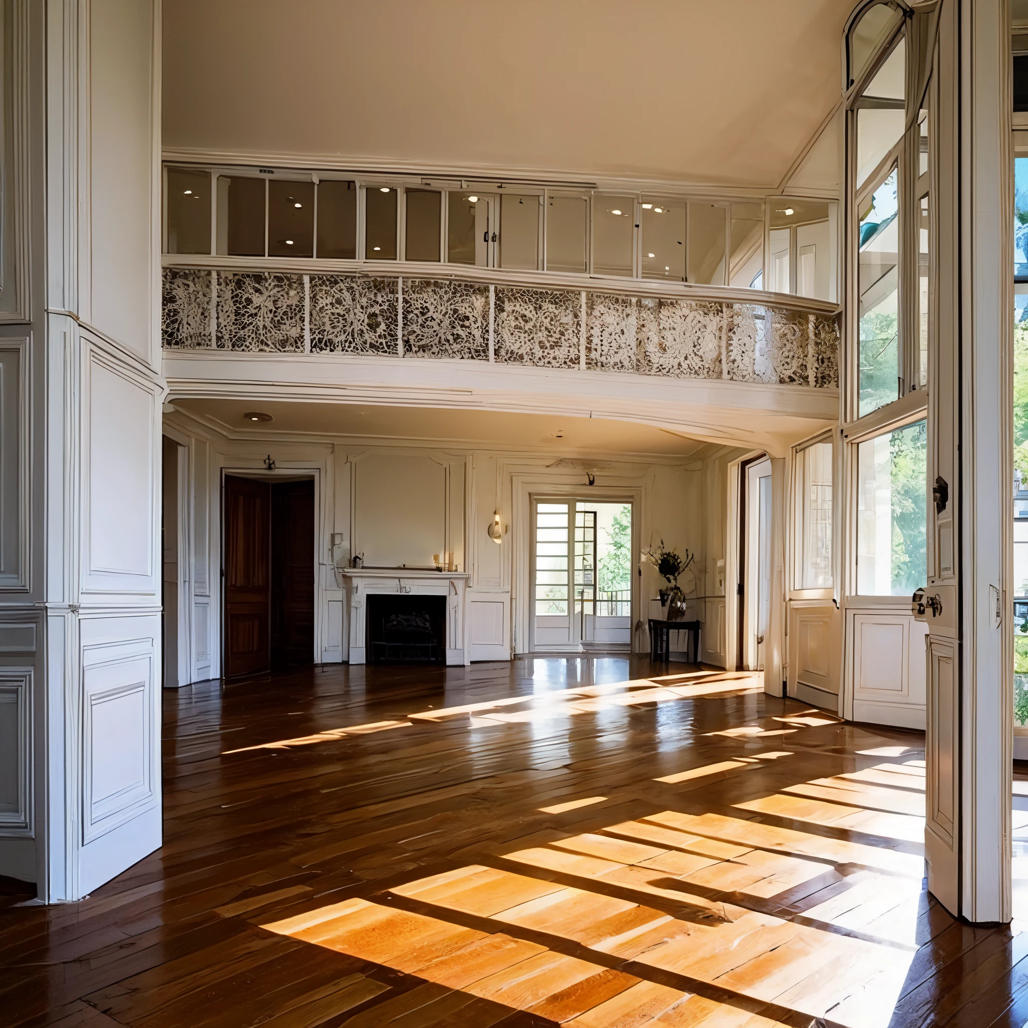 a beautiful wood floor inside a very nice minimalistic home, the house is french-style house, the floor must be the highlight of the picture.