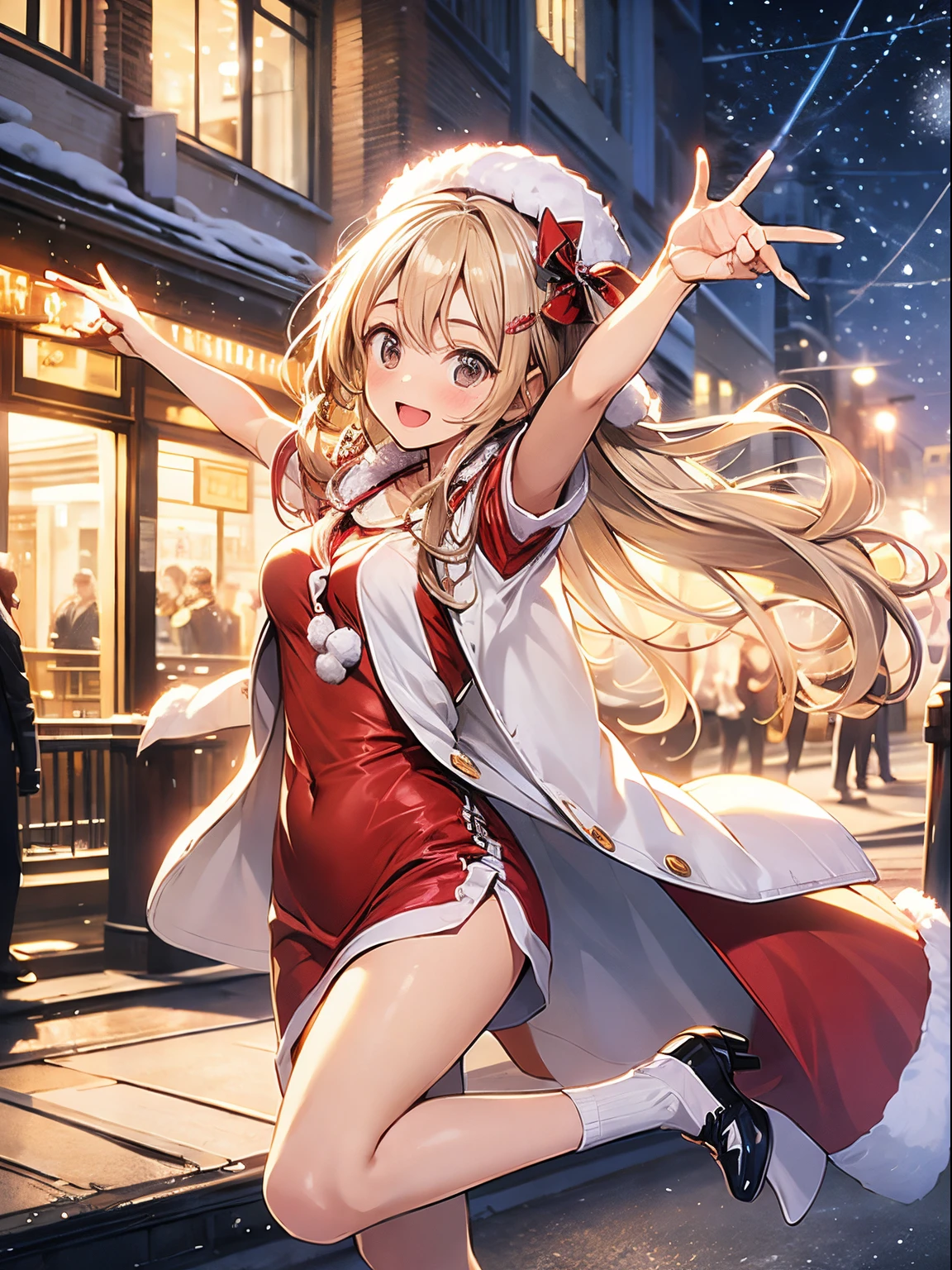 in 8K、top-quality、​masterpiece、ultra-detailliert、Ultra-high resolution、1 persons、17 years old girl、It's snowing、nightcity、a blond、santa costume、Aerial view、spreading arms widely、dance