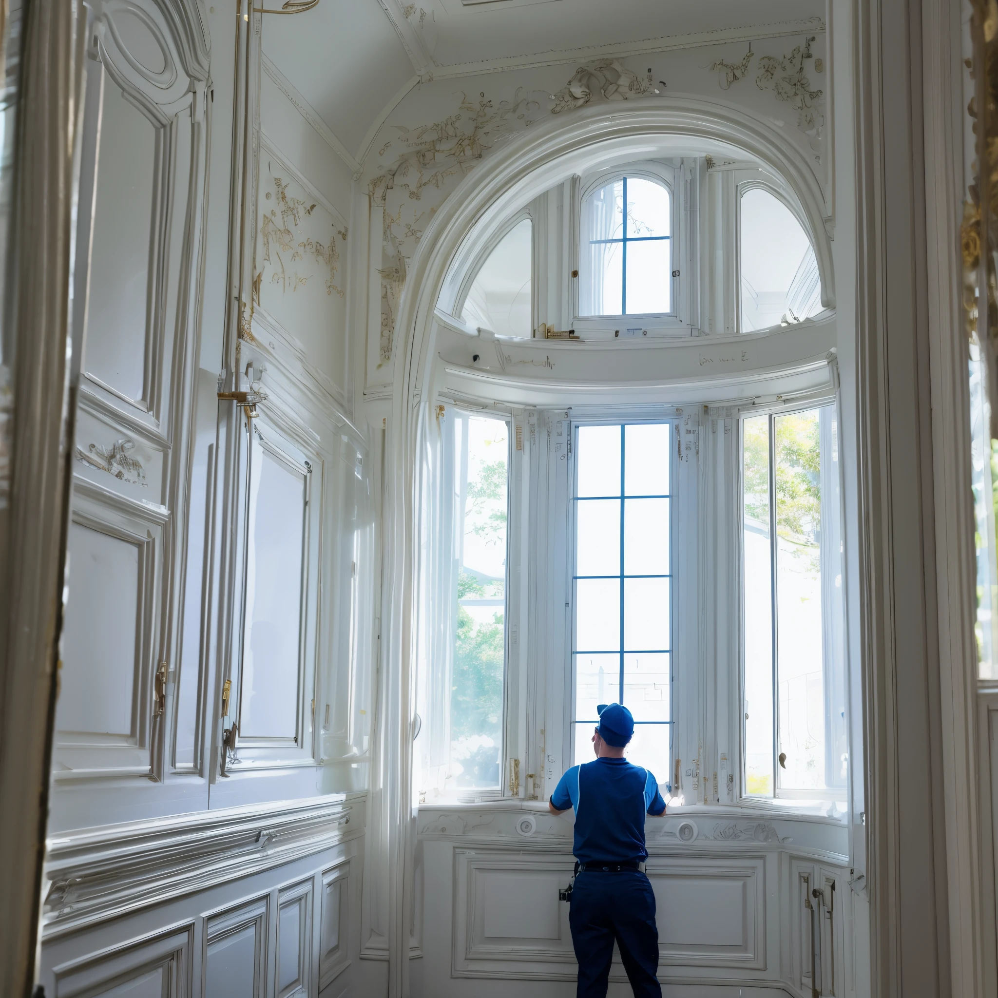 a tech-guy installing a white window, you see the hands of the worker in detail on the window, far view pov,